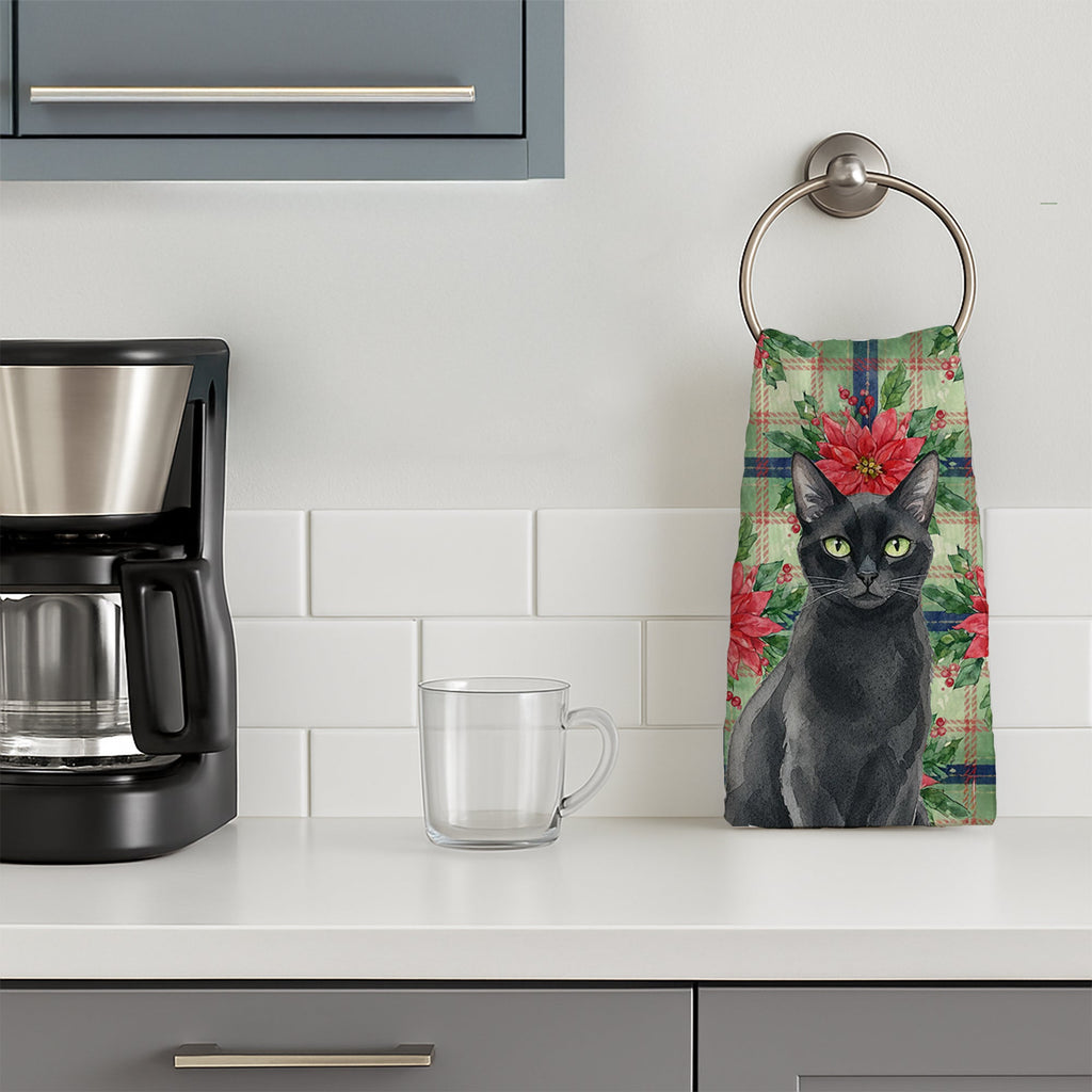 Solid Black Cat with Poinsettias Kitchen Towel Velour Plush Front and Cotton Loop Back Machine Washable
