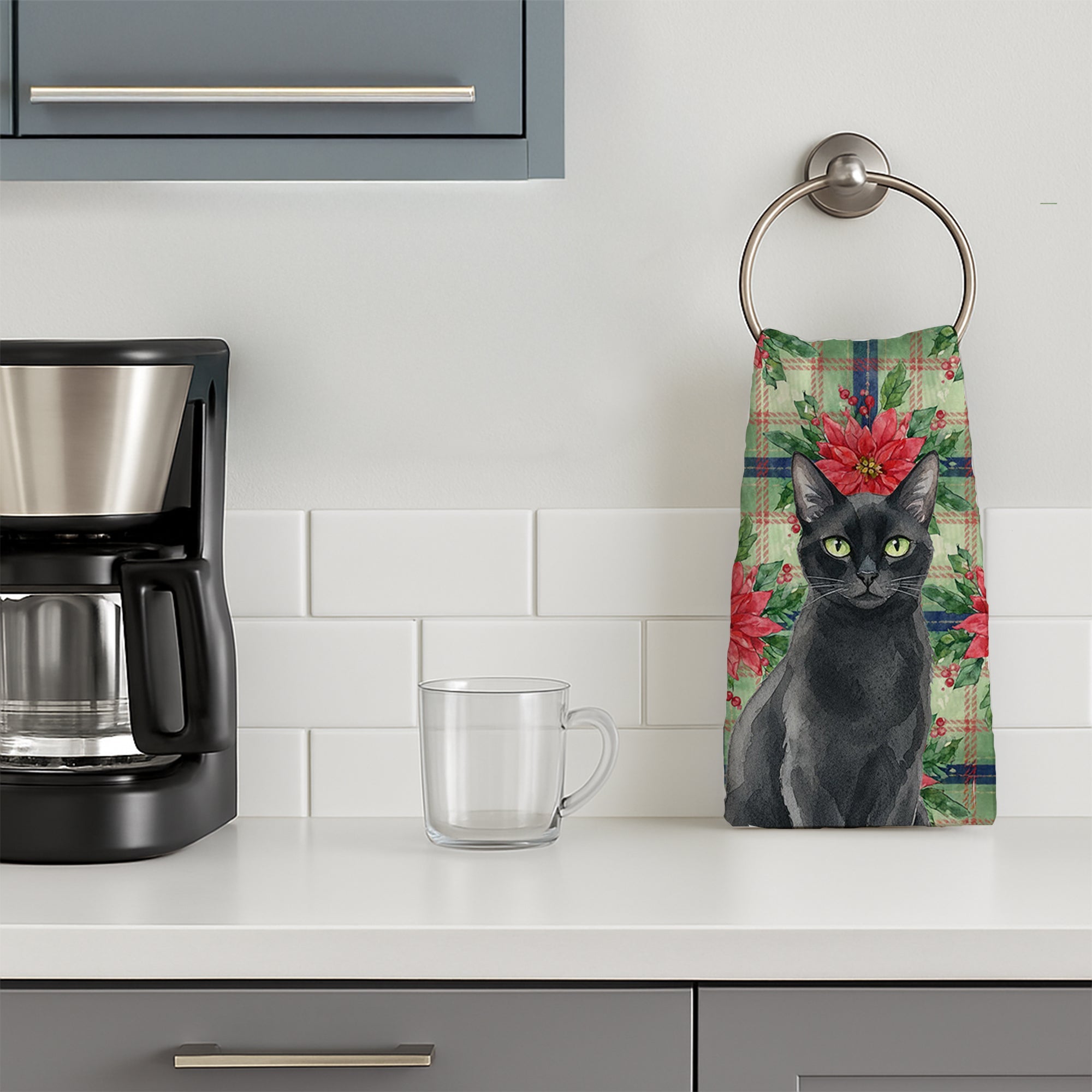 Solid Black Cat with Poinsettias Kitchen Towel Velour Plush Front and Cotton Loop Back Machine Washable