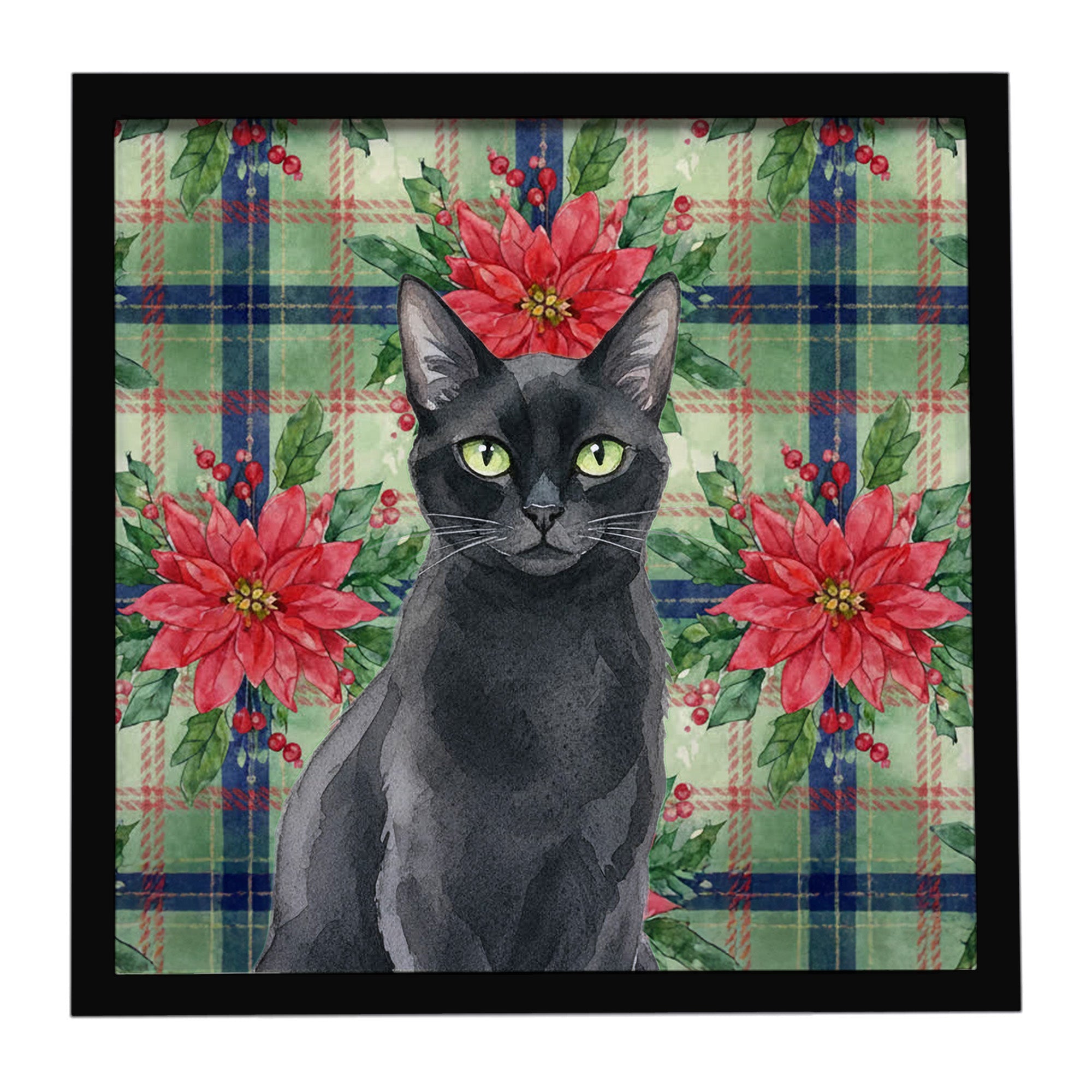 Solid Black Cat with Poinsettias Framed Metal Print Bathroom, Kitchen, Office, Home Decor Wall Art Ready to Hang, Square, 8X8