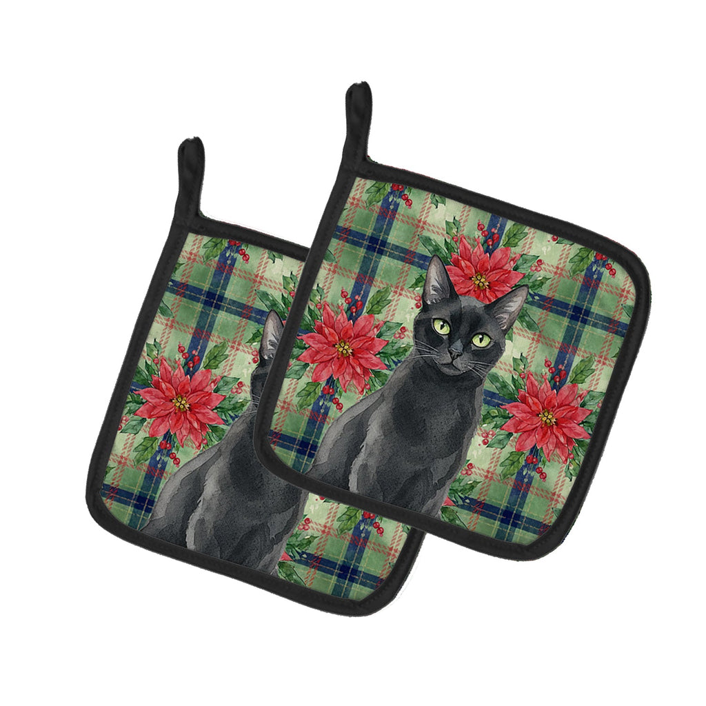 Solid Black Cat with Poinsettias Pot Holder Set of 2 Heat Resistant Quilted Hot Pads 7.5 x 7.5 Inch, Insulated Kitchen Trivets for Cooking & Baking