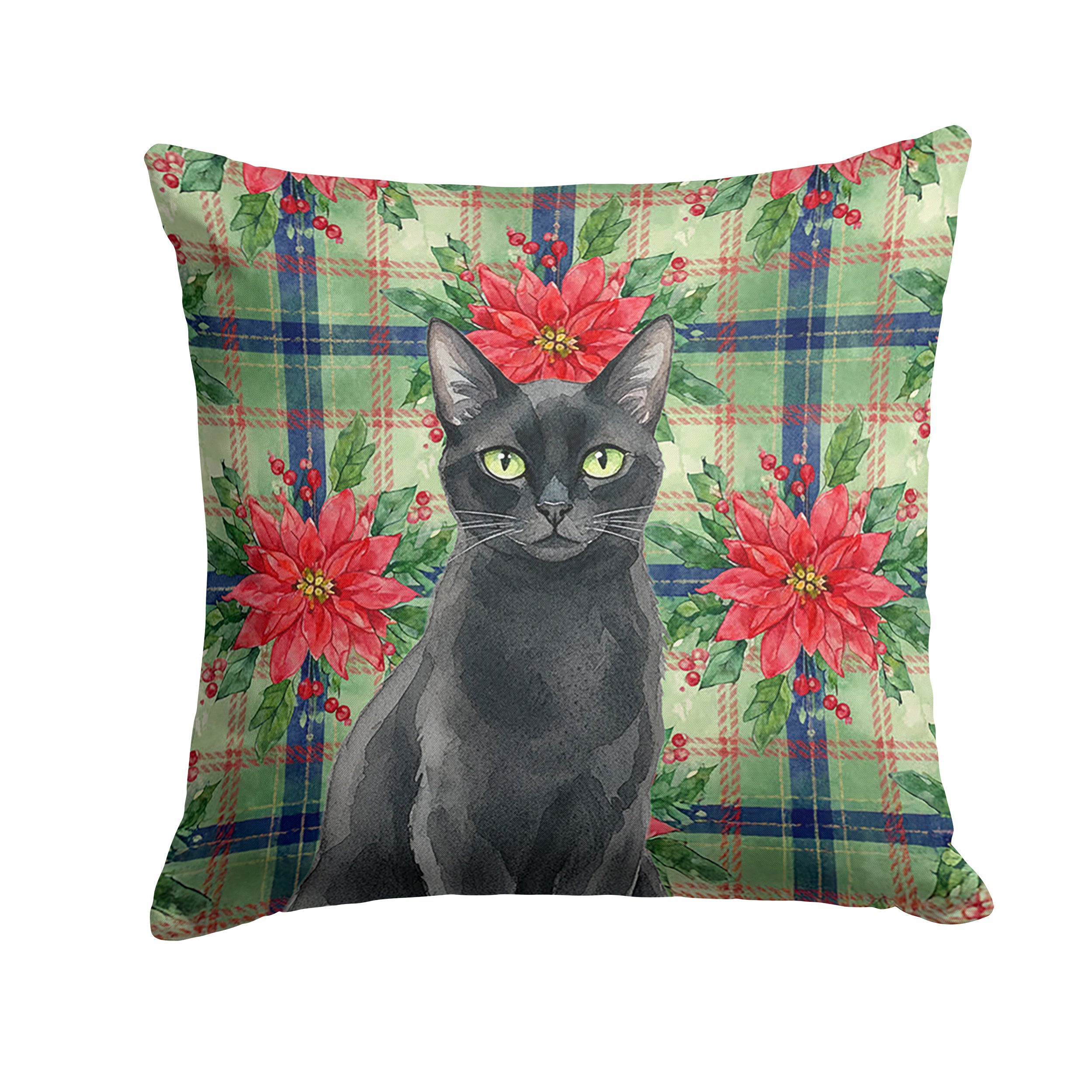 Solid Black Cat with Poinsettias Decorative Throw Pillow 14x14 Indoor Outdoor Accent Cushion, Fabric Cover with Insert for Sofa, Bed, Porch & Living Room