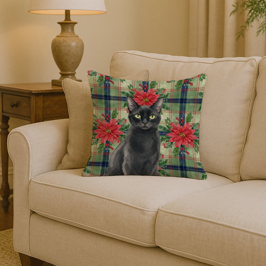 Solid Black Cat with Poinsettias Decorative Throw Pillow 14x14 Indoor Outdoor Accent Cushion, Fabric Cover with Insert for Sofa, Bed, Porch & Living Room