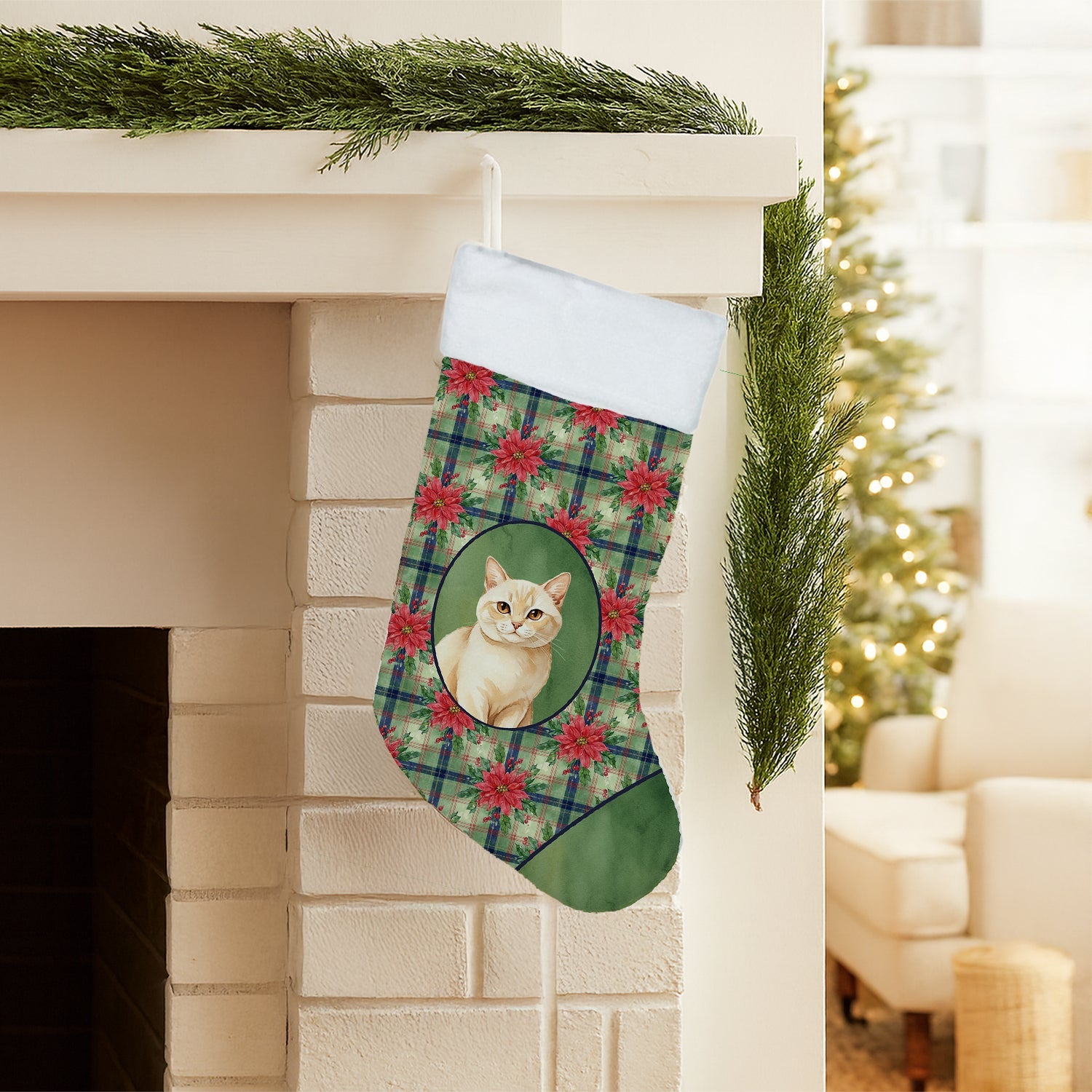 Solid Cream Cat with Poinsettias Holiday Stocking Double-Sided Print, Polyester Suede,11x18, Made in USA