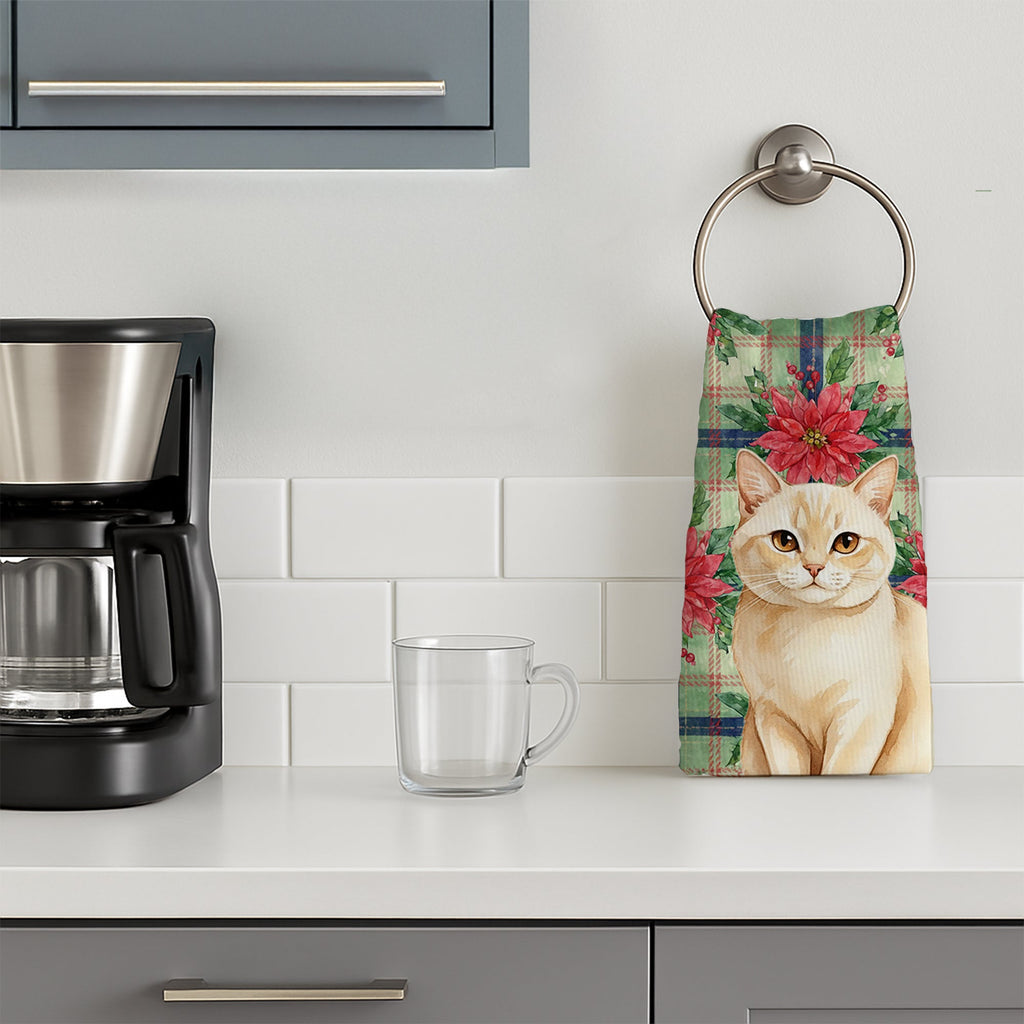 Solid Cream Cat with Poinsettias Kitchen Towel Velour Plush Front and Cotton Loop Back Machine Washable