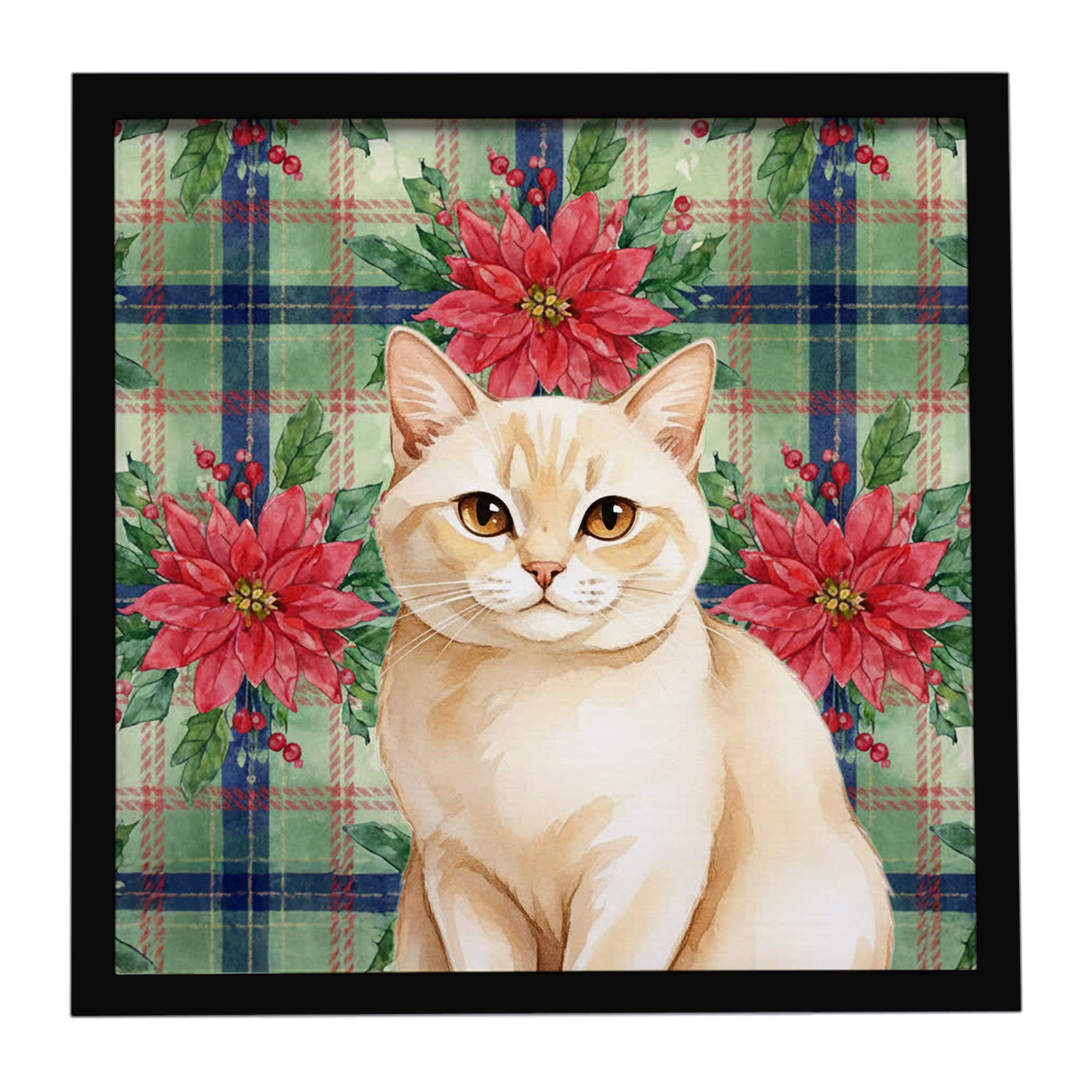 Solid Cream Cat with Poinsettias Framed Metal Print Bathroom, Kitchen, Office, Home Decor Wall Art Ready to Hang, Square, 8X8