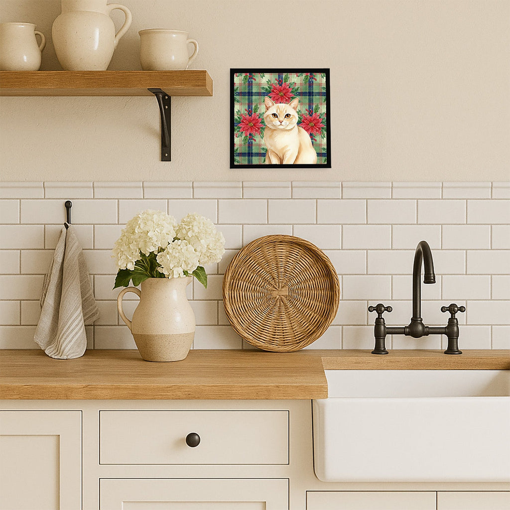 Solid Cream Cat with Poinsettias Framed Metal Print Bathroom, Kitchen, Office, Home Decor Wall Art Ready to Hang, Square, 8X8