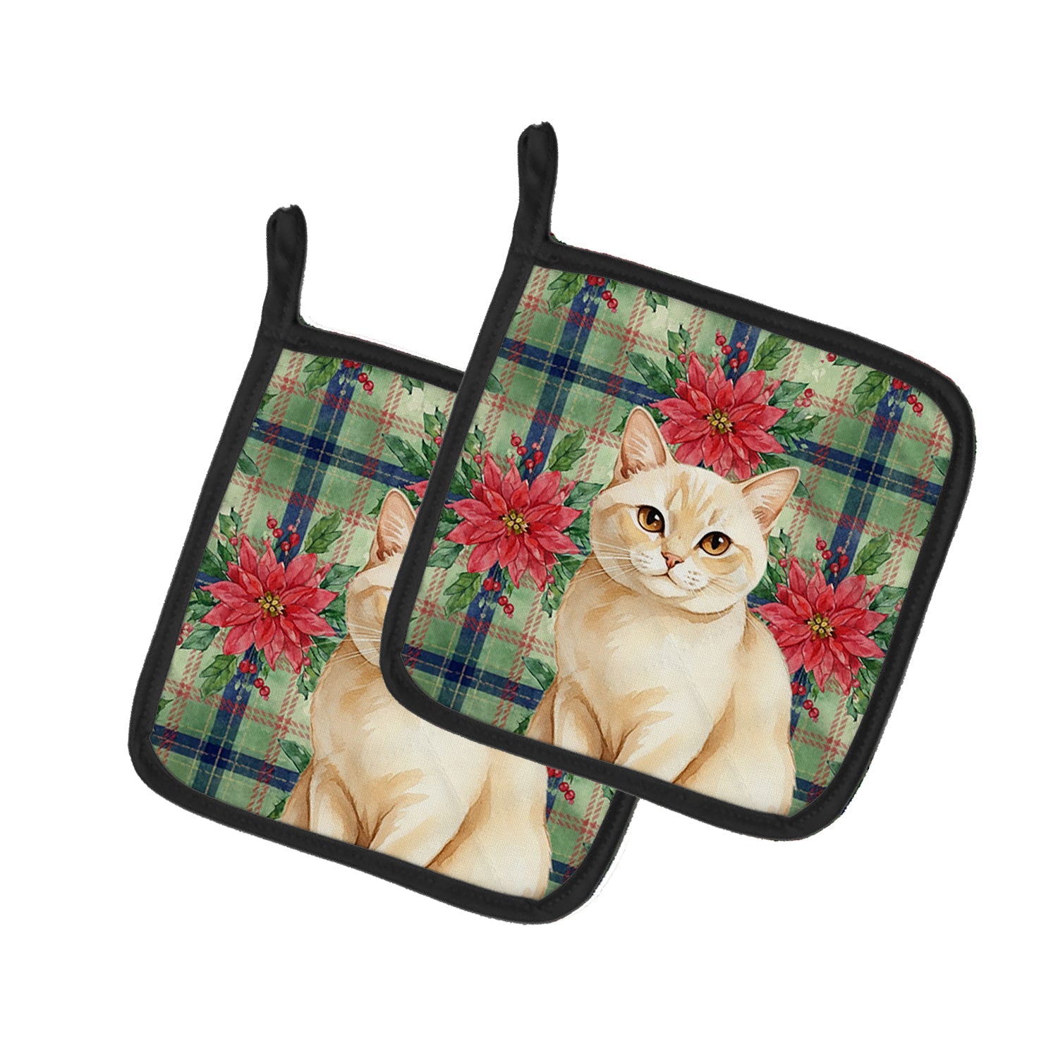 Solid Cream Cat with Poinsettias Pot Holder Set of 2 Heat Resistant Quilted Hot Pads 7.5 x 7.5 Inch, Insulated Kitchen Trivets for Cooking & Baking
