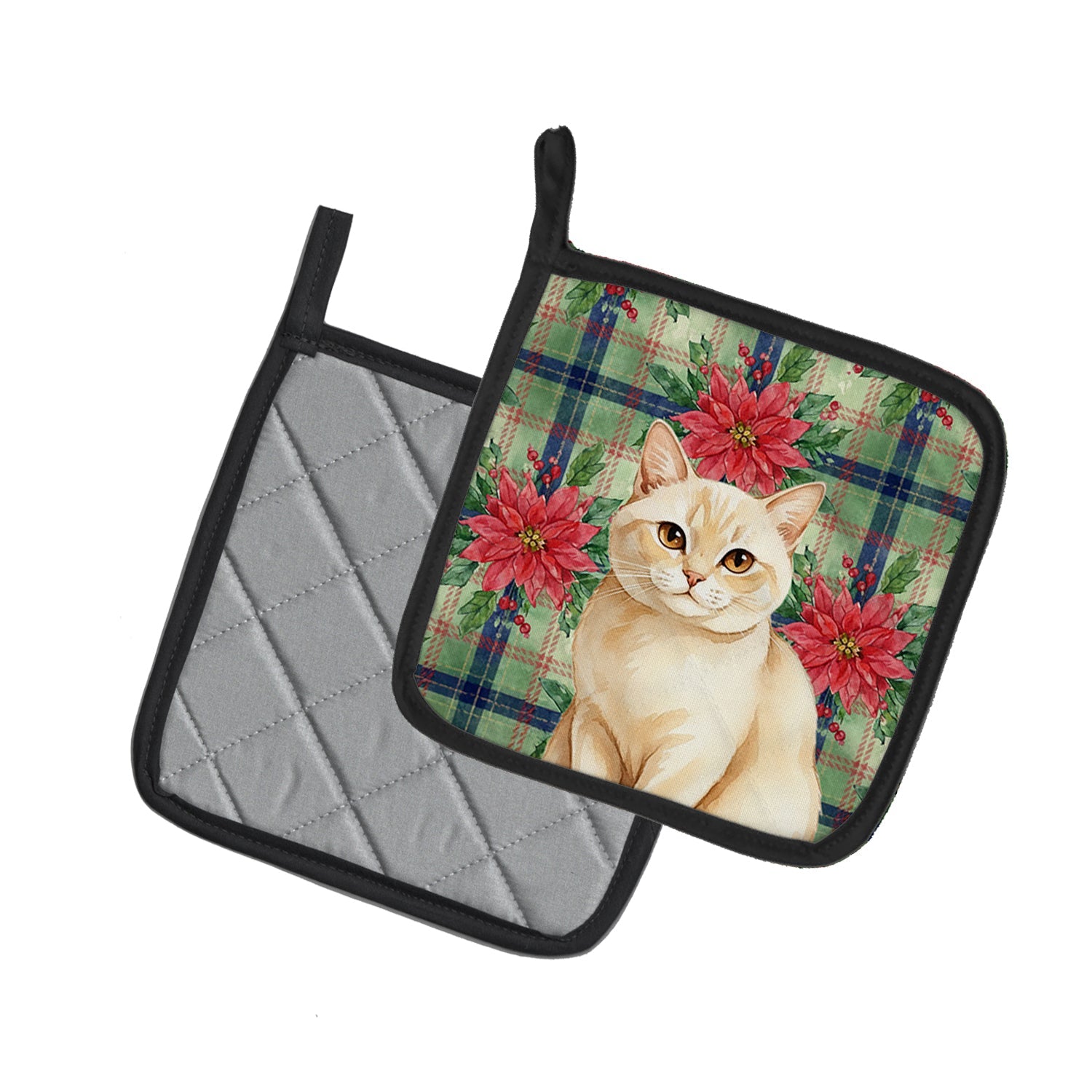 Solid Cream Cat with Poinsettias Pot Holder Set of 2 Heat Resistant Quilted Hot Pads 7.5 x 7.5 Inch, Insulated Kitchen Trivets for Cooking & Baking