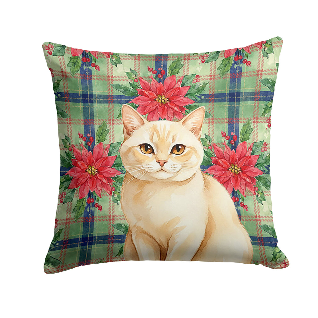 Solid Cream Cat with Poinsettias Decorative Throw Pillow 14x14 Indoor Outdoor Accent Cushion, Fabric Cover with Insert for Sofa, Bed, Porch & Living Room