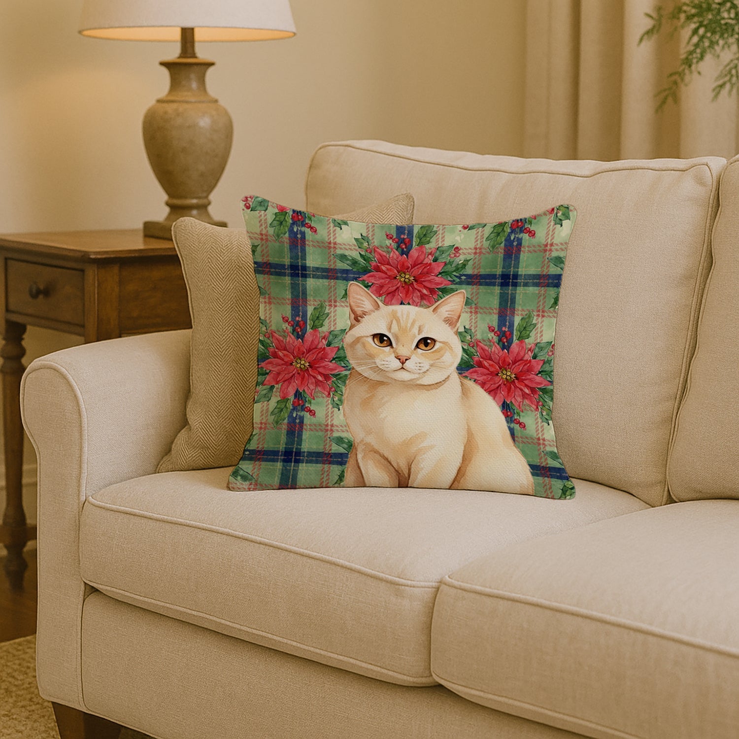 Solid Cream Cat with Poinsettias Decorative Throw Pillow 14x14 Indoor Outdoor Accent Cushion, Fabric Cover with Insert for Sofa, Bed, Porch & Living Room