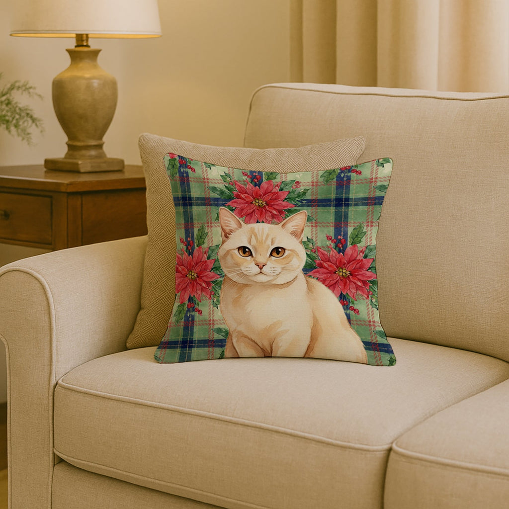Solid Cream Cat with Poinsettias Decorative Throw Pillow 18x18 Indoor Outdoor Accent Cushion, Fabric Cover with Insert for Sofa, Bed, Porch & Living Room