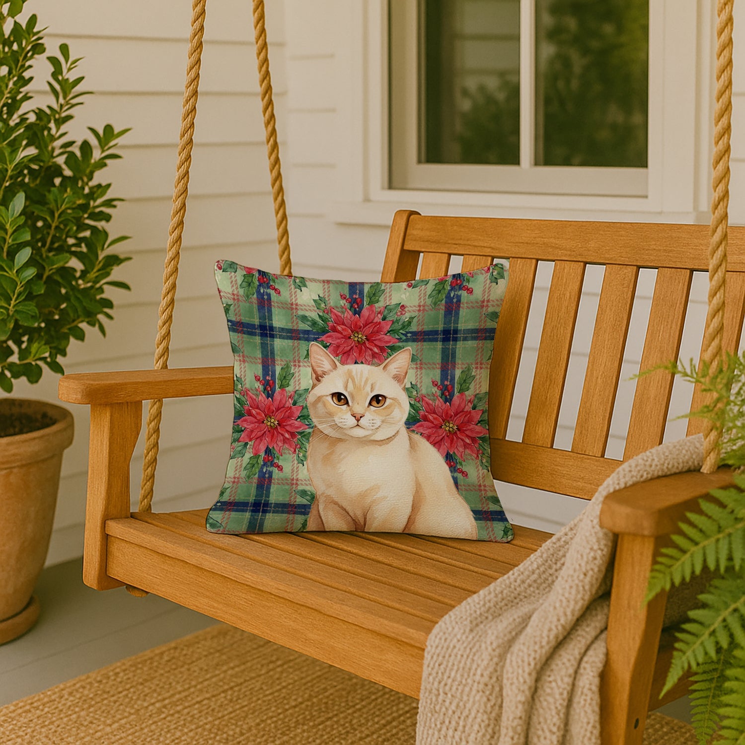 Solid Cream Cat with Poinsettias Decorative Throw Pillow 18x18 Indoor Outdoor Accent Cushion, Fabric Cover with Insert for Sofa, Bed, Porch & Living Room