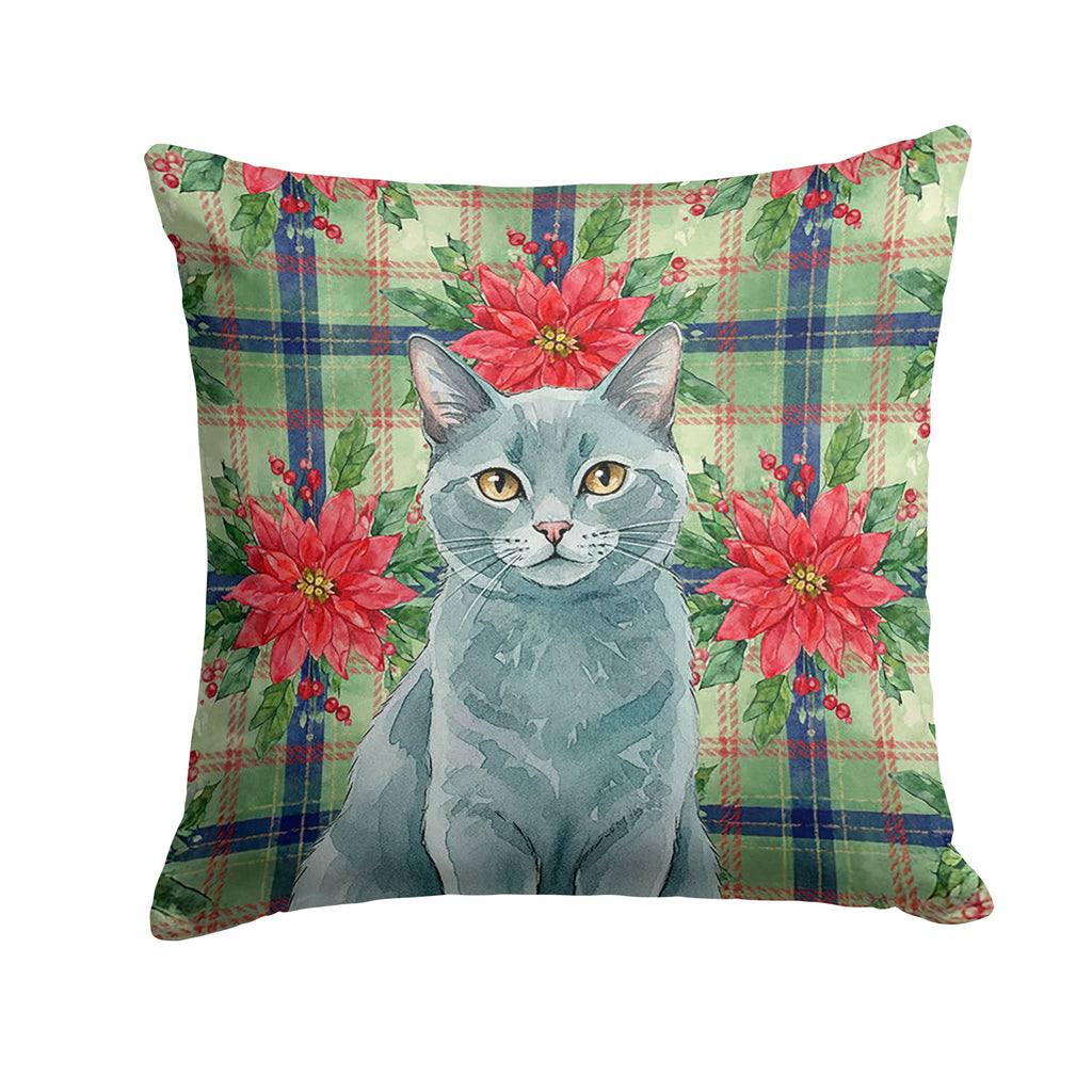 Solid Gray Cat with Poinsettias Decorative Throw Pillow 14x14 Indoor Outdoor Accent Cushion, Fabric Cover with Insert for Sofa, Bed, Porch & Living Room