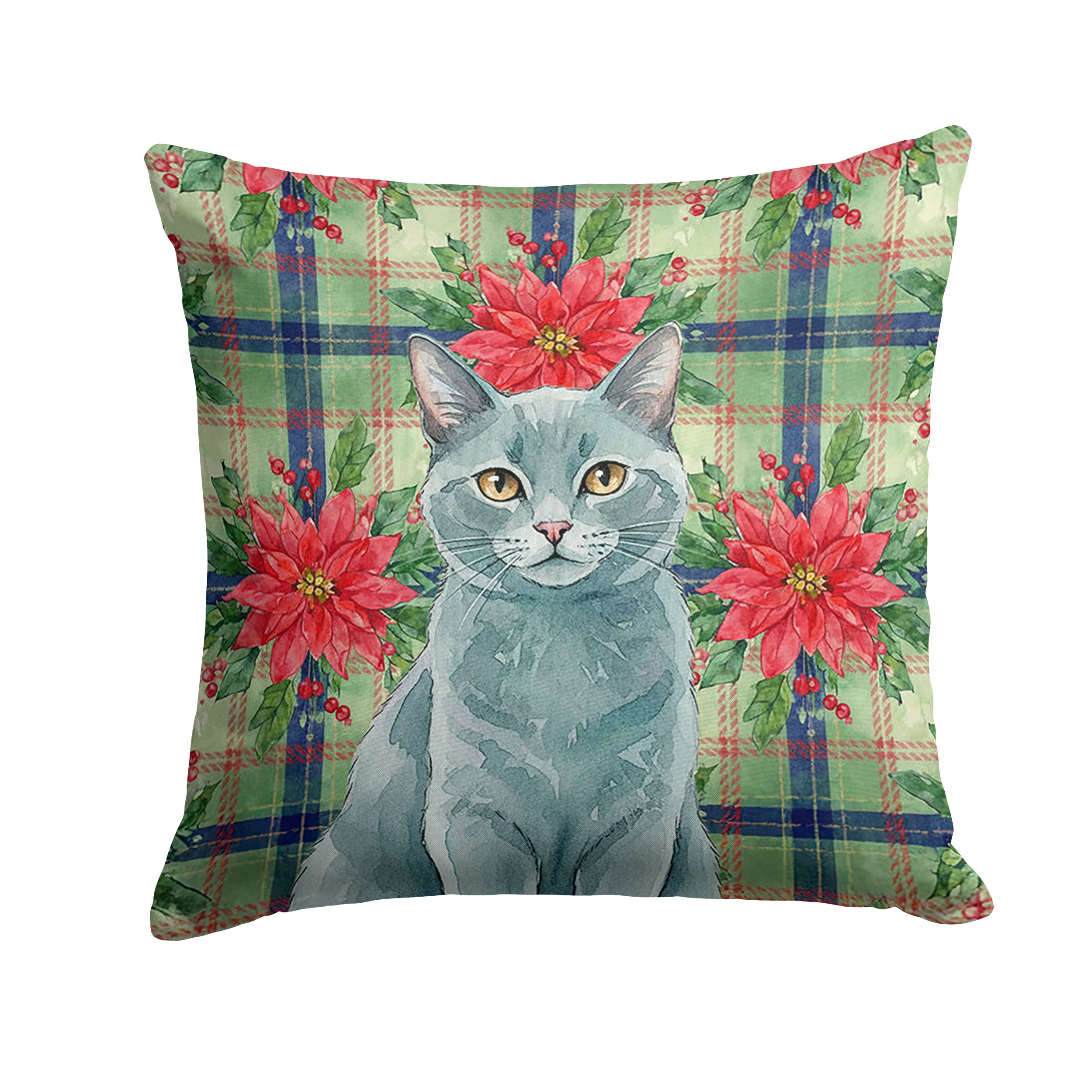 Solid Gray Cat with Poinsettias Decorative Throw Pillow 14x14 Indoor Outdoor Accent Cushion, Fabric Cover with Insert for Sofa, Bed, Porch & Living Room