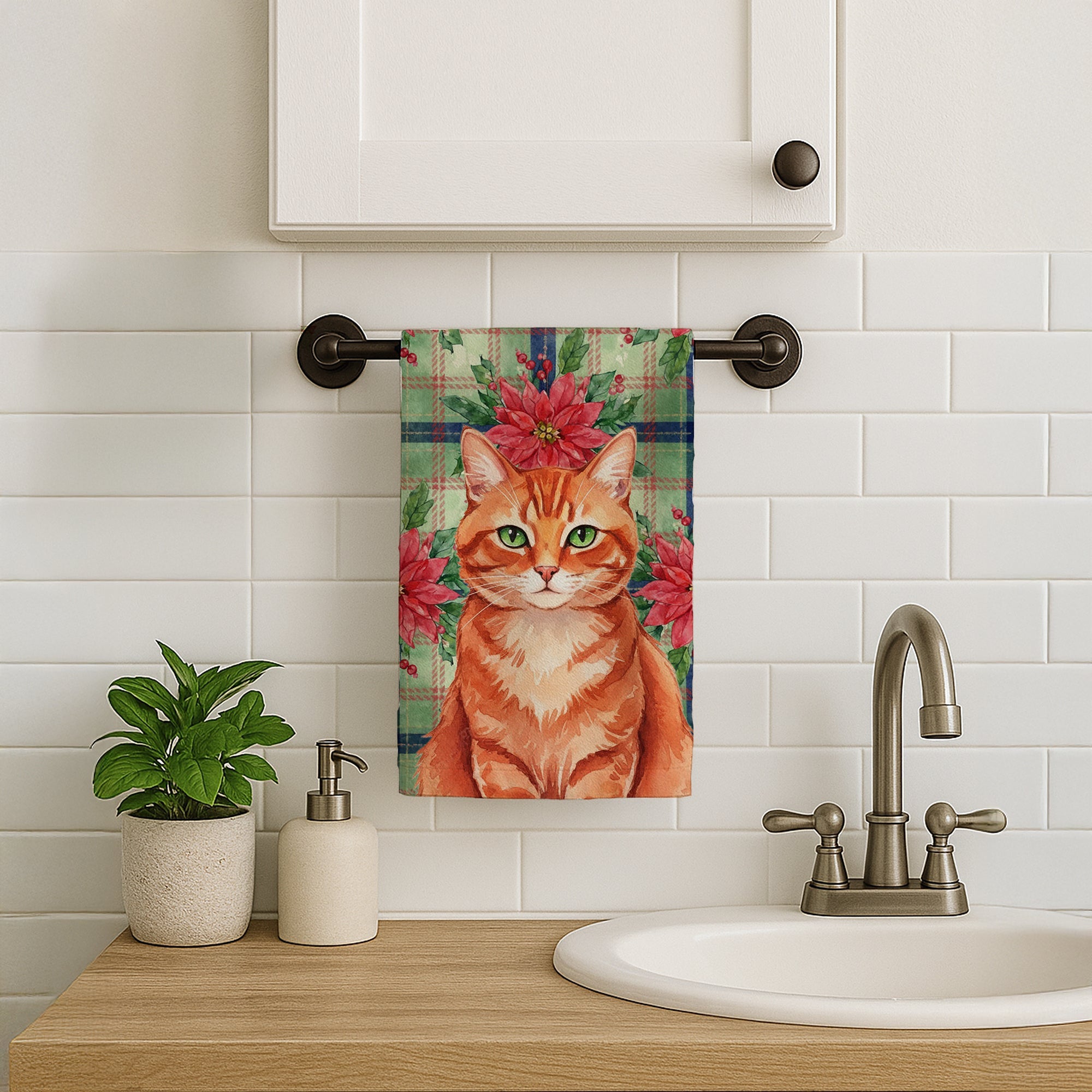 Solid Red Ginger Cat with Poinsettias Kitchen Towel Velour Plush Front and Cotton Loop Back Machine Washable