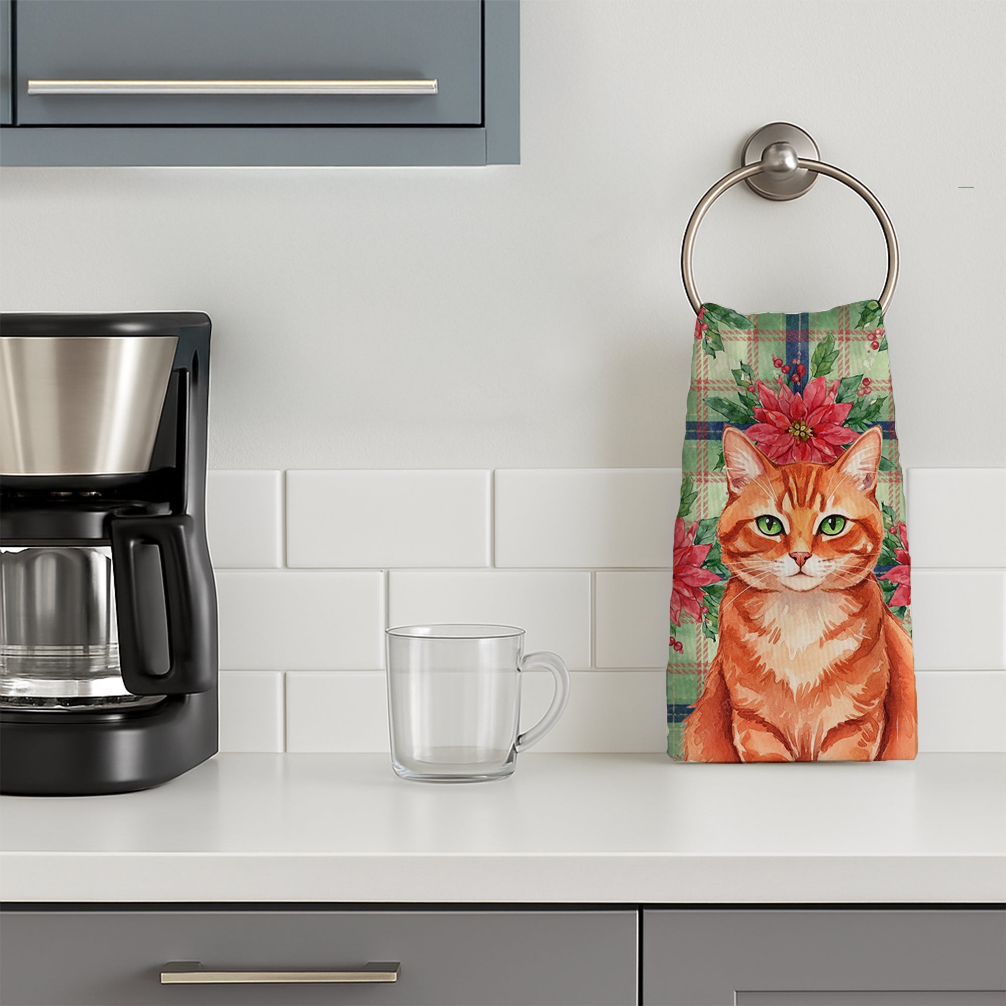 Solid Red Ginger Cat with Poinsettias Kitchen Towel Velour Plush Front and Cotton Loop Back Machine Washable