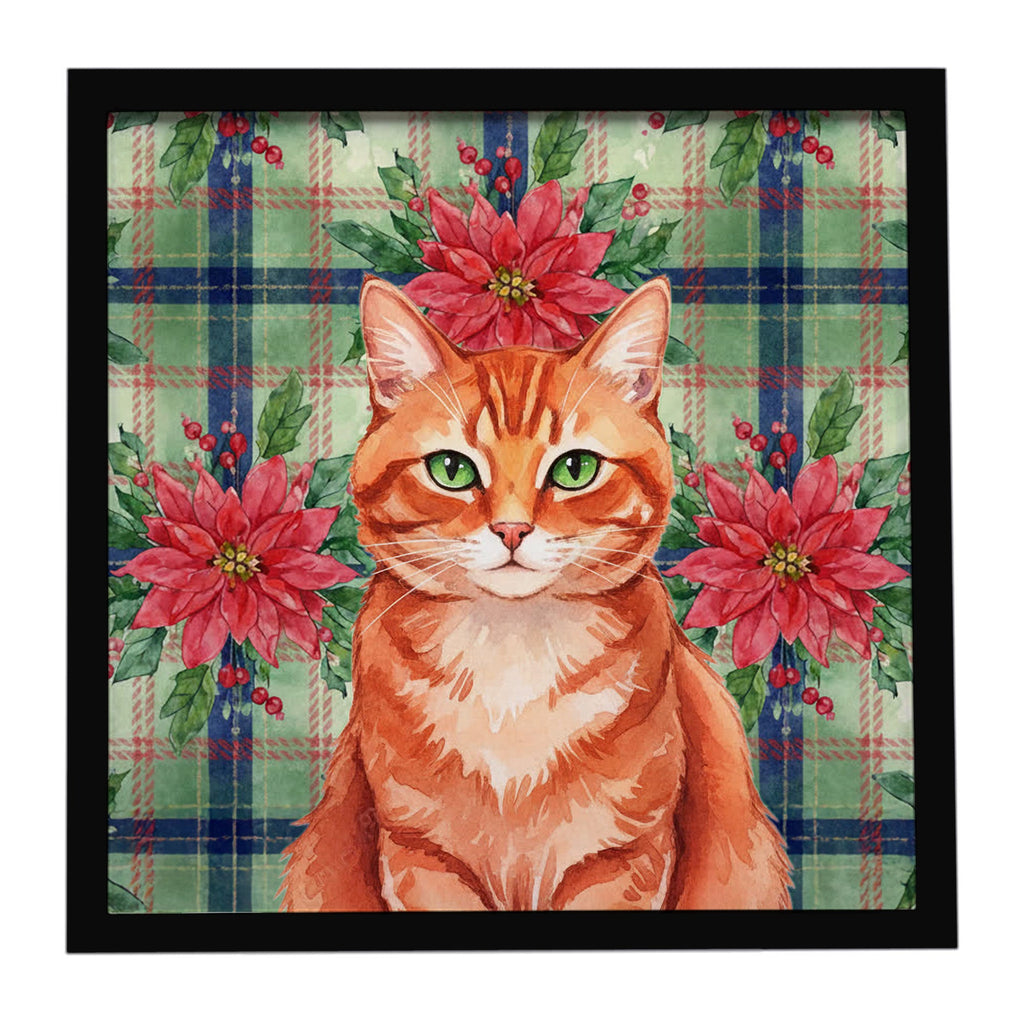 Solid Red Ginger Cat with Poinsettias Framed Metal Print Bathroom, Kitchen, Office, Home Decor Wall Art Ready to Hang, Square, 8X8