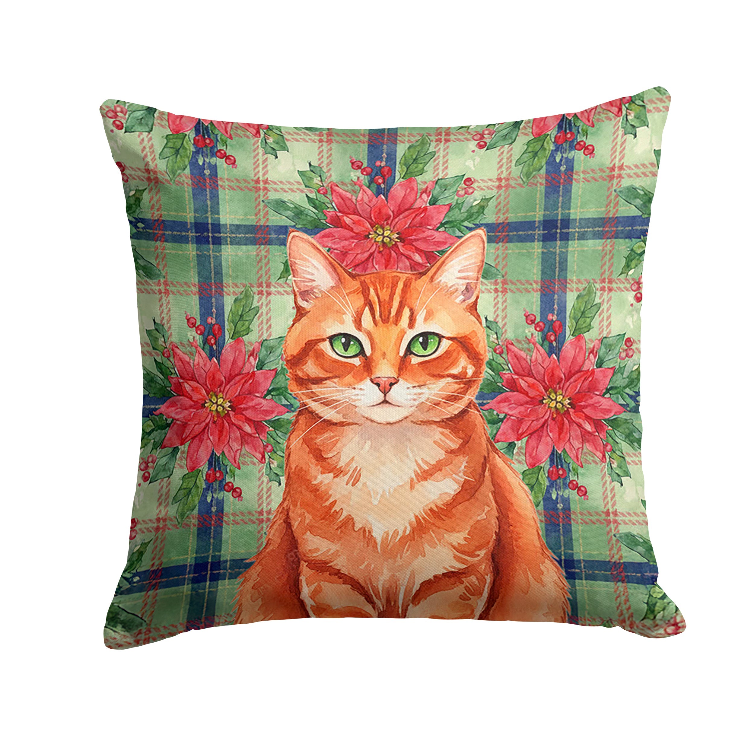 Solid Red Ginger Cat with Poinsettias Decorative Throw Pillow 14x14 Indoor Outdoor Accent Cushion, Fabric Cover with Insert for Sofa, Bed, Porch & Living Room