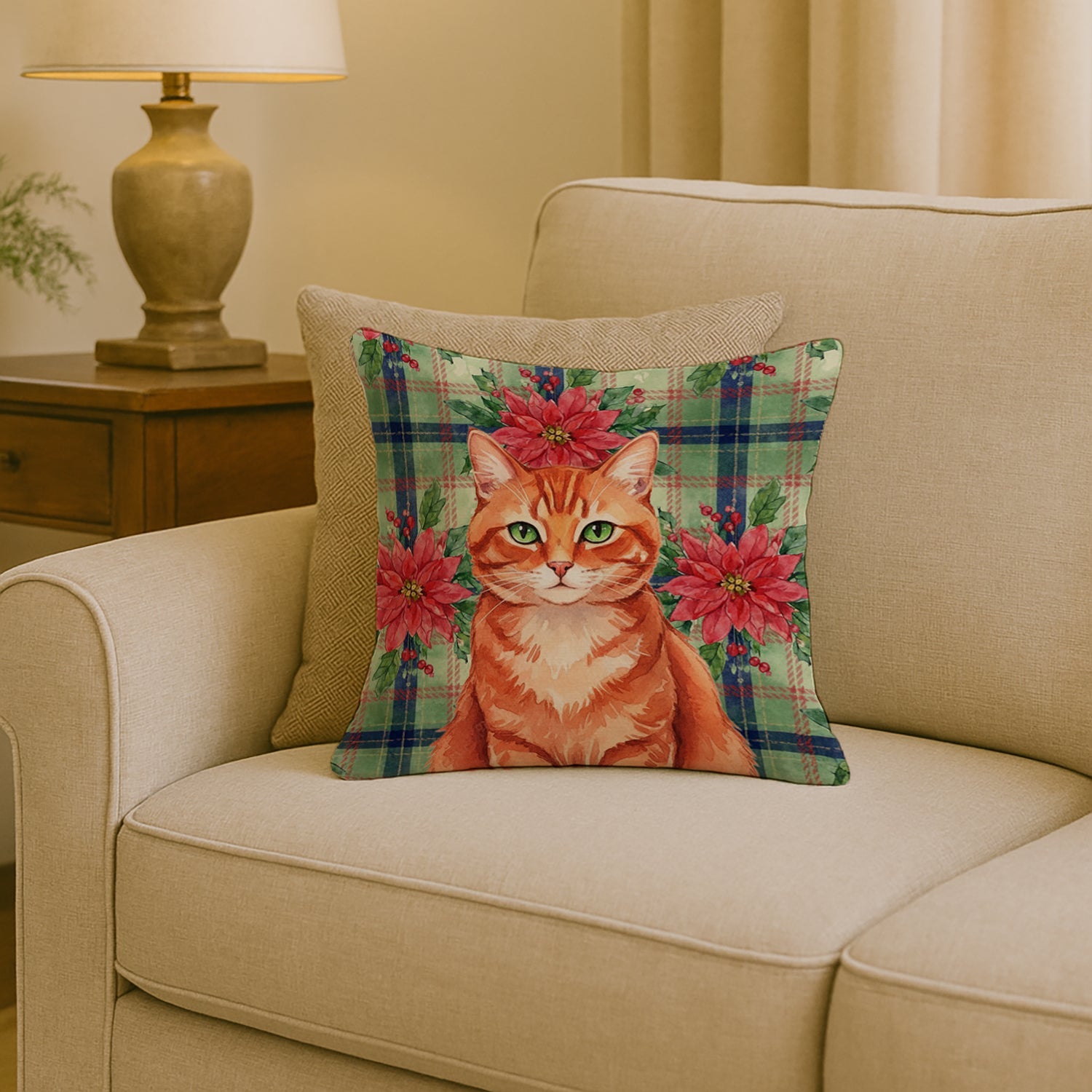 Solid Red Ginger Cat with Poinsettias Decorative Throw Pillow 18x18 Indoor Outdoor Accent Cushion, Fabric Cover with Insert for Sofa, Bed, Porch & Living Room
