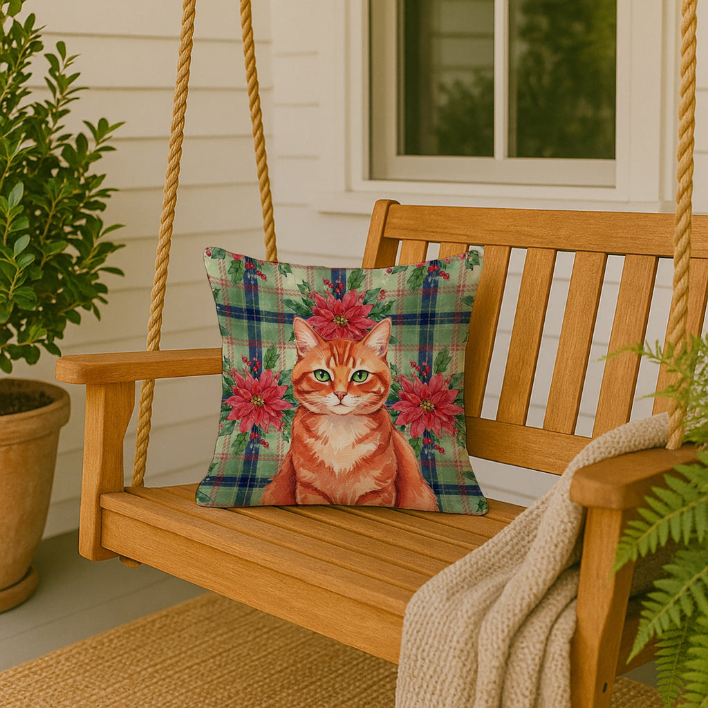Solid Red Ginger Cat with Poinsettias Decorative Throw Pillow 18x18 Indoor Outdoor Accent Cushion, Fabric Cover with Insert for Sofa, Bed, Porch & Living Room