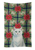 Solid White Cat with Poinsettias Kitchen Towel Velour Plush Front and Cotton Loop Back Machine Washable