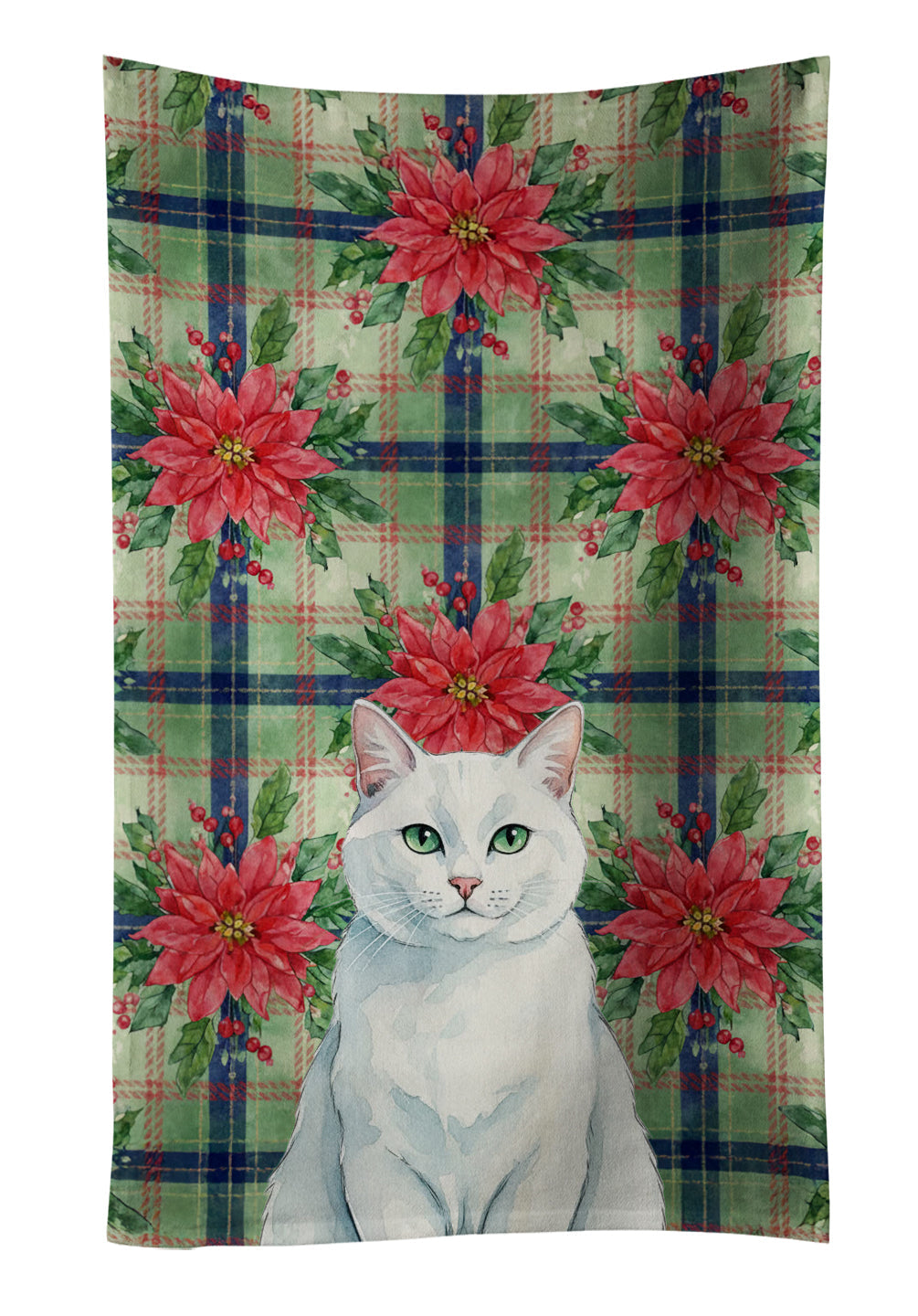 Solid White Cat with Poinsettias Kitchen Towel Velour Plush Front and Cotton Loop Back Machine Washable