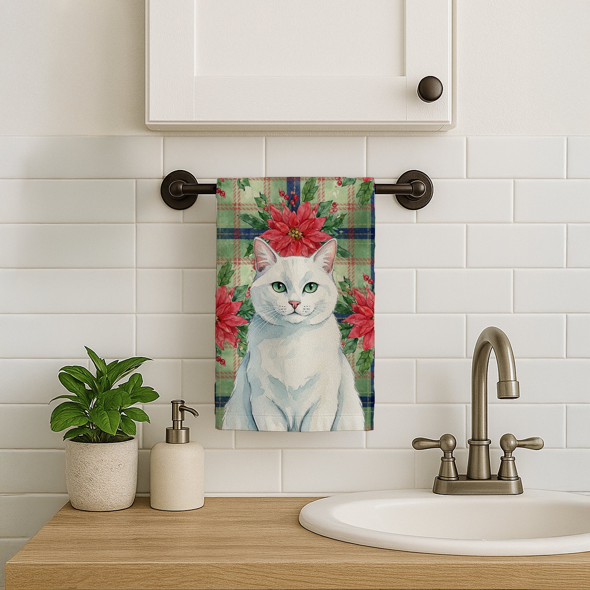 Solid White Cat with Poinsettias Kitchen Towel Velour Plush Front and Cotton Loop Back Machine Washable