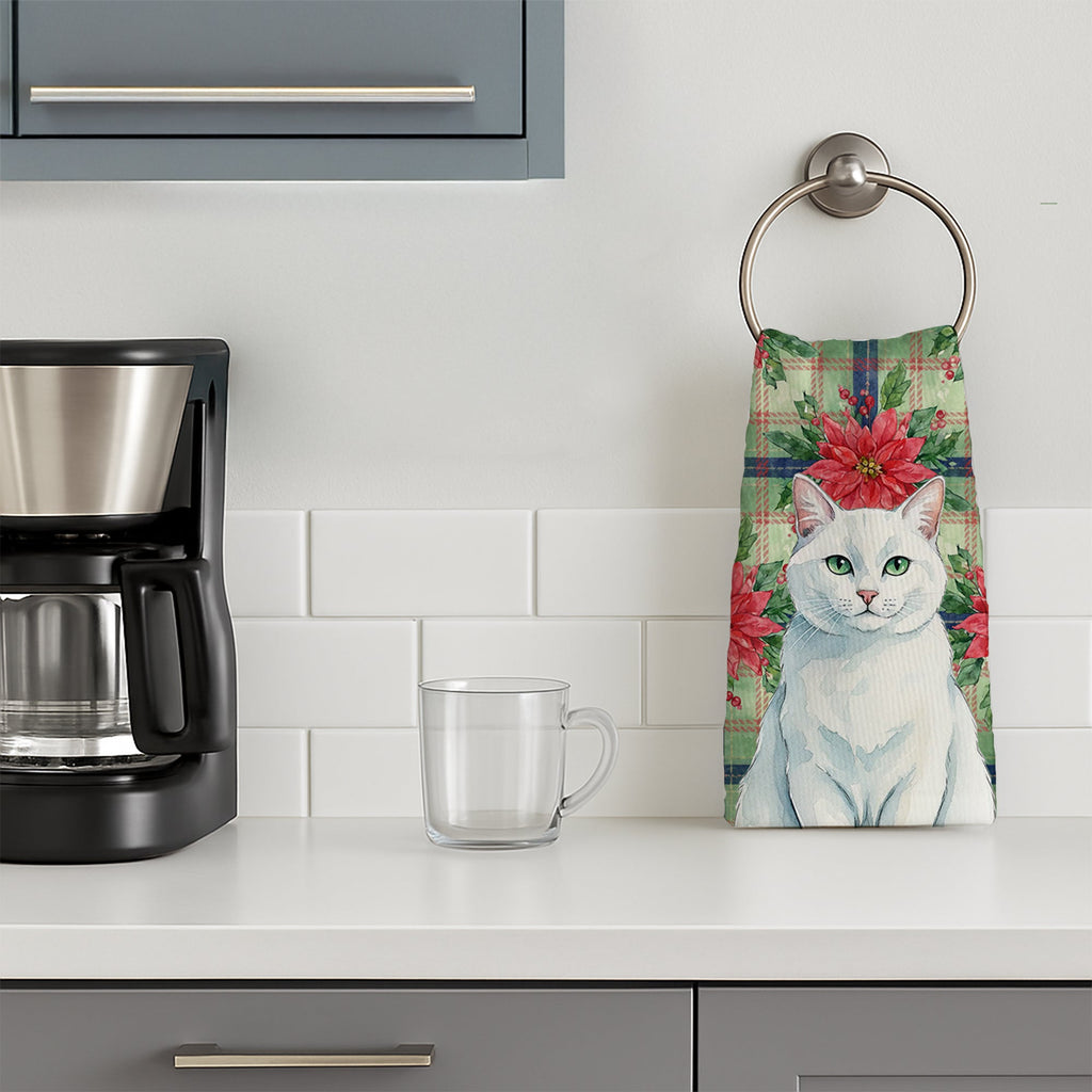Solid White Cat with Poinsettias Kitchen Towel Velour Plush Front and Cotton Loop Back Machine Washable