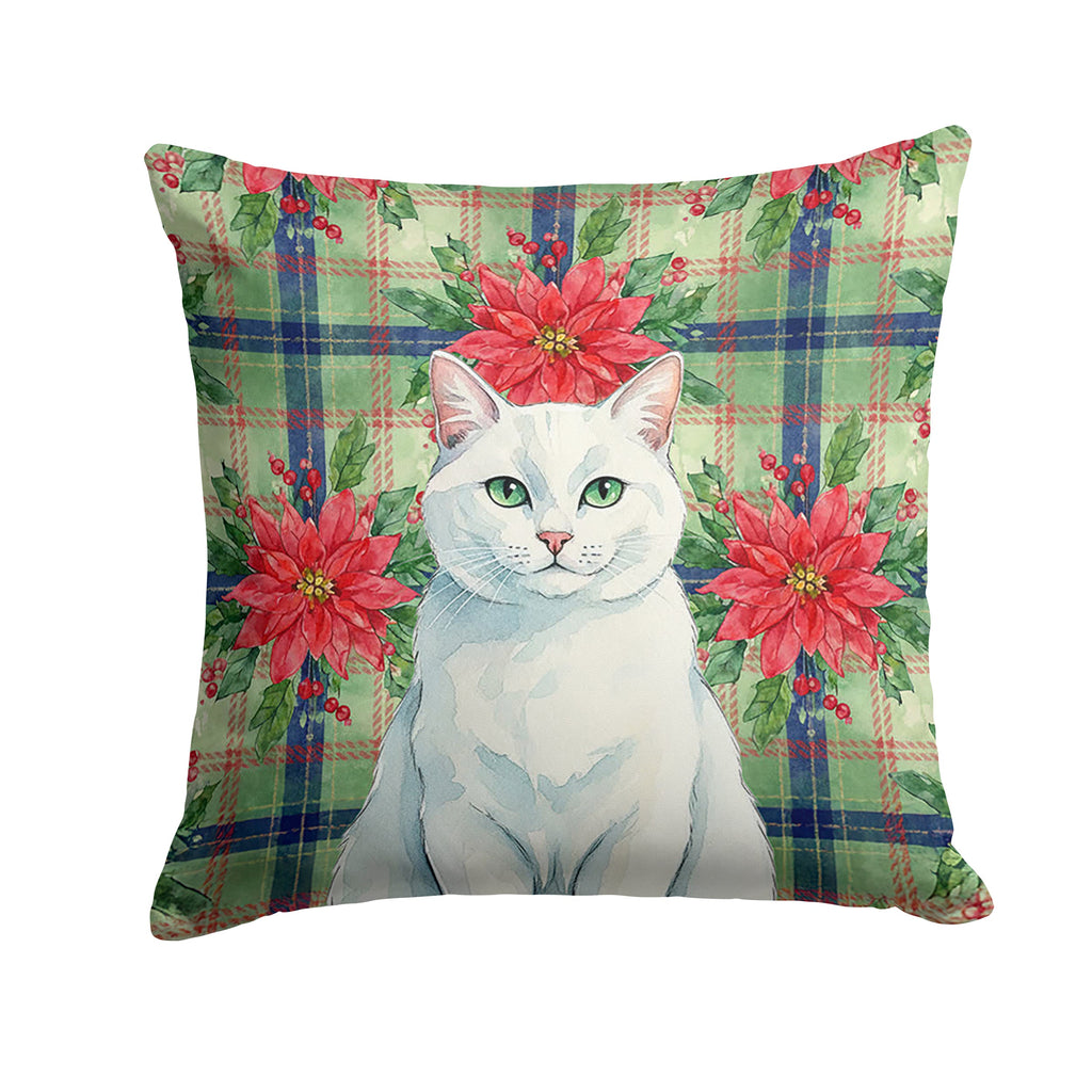Solid White Cat with Poinsettias Decorative Throw Pillow 14x14 Indoor Outdoor Accent Cushion, Fabric Cover with Insert for Sofa, Bed, Porch & Living Room