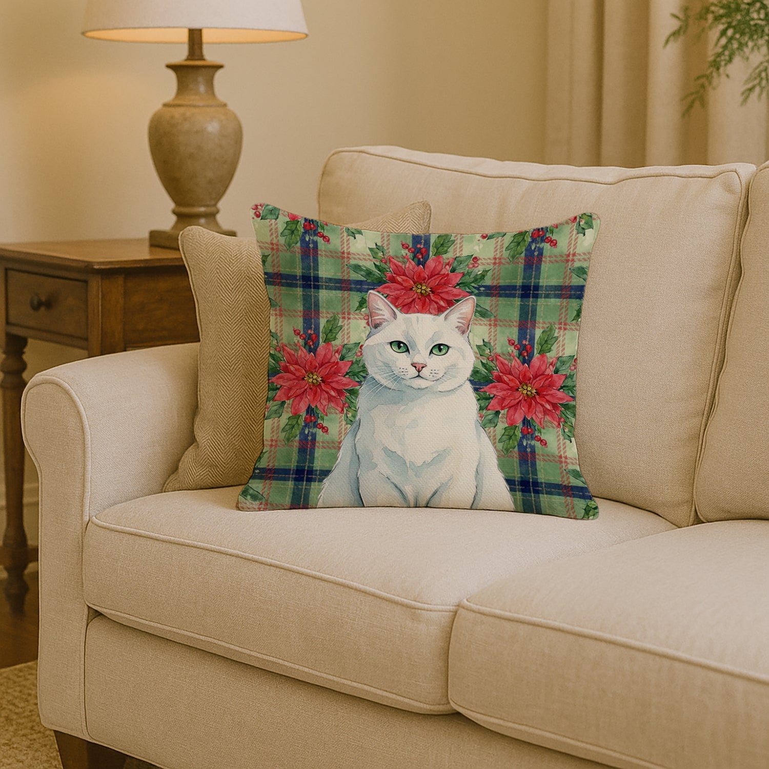 Solid White Cat with Poinsettias Decorative Throw Pillow 14x14 Indoor Outdoor Accent Cushion, Fabric Cover with Insert for Sofa, Bed, Porch & Living Room