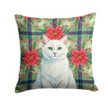 Solid White Cat with Poinsettias Decorative Throw Pillow 18x18 Indoor Outdoor Accent Cushion, Fabric Cover with Insert for Sofa, Bed, Porch & Living Room
