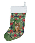 Spotted Tabby Brown Cat with Poinsettias Holiday Stocking Double-Sided Print, Polyester Suede,11x18, Made in USA
