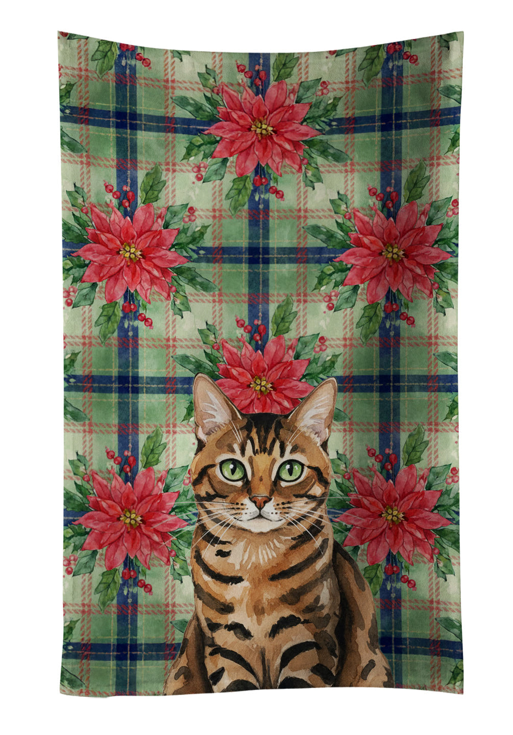 Spotted Tabby Brown Cat with Poinsettias Kitchen Towel Velour Plush Front and Cotton Loop Back Machine Washable