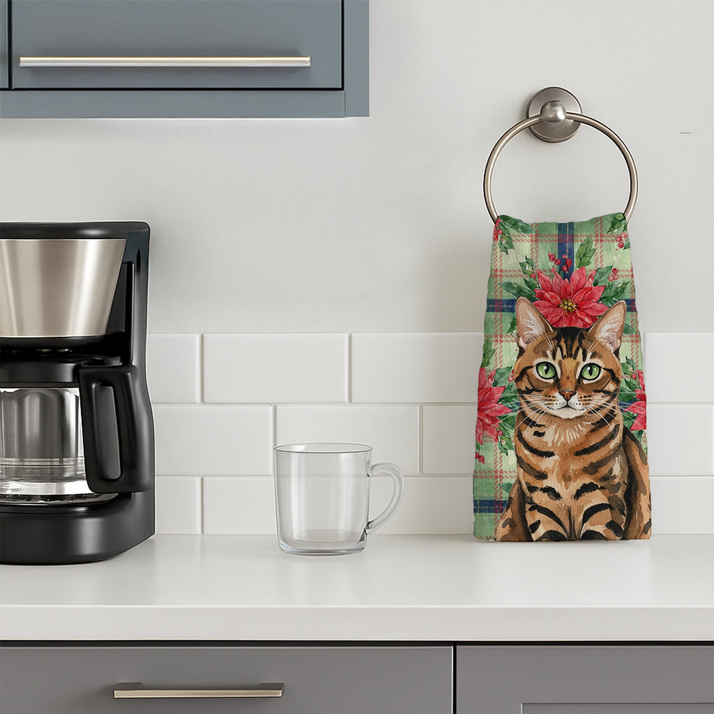 Spotted Tabby Brown Cat with Poinsettias Kitchen Towel Velour Plush Front and Cotton Loop Back Machine Washable