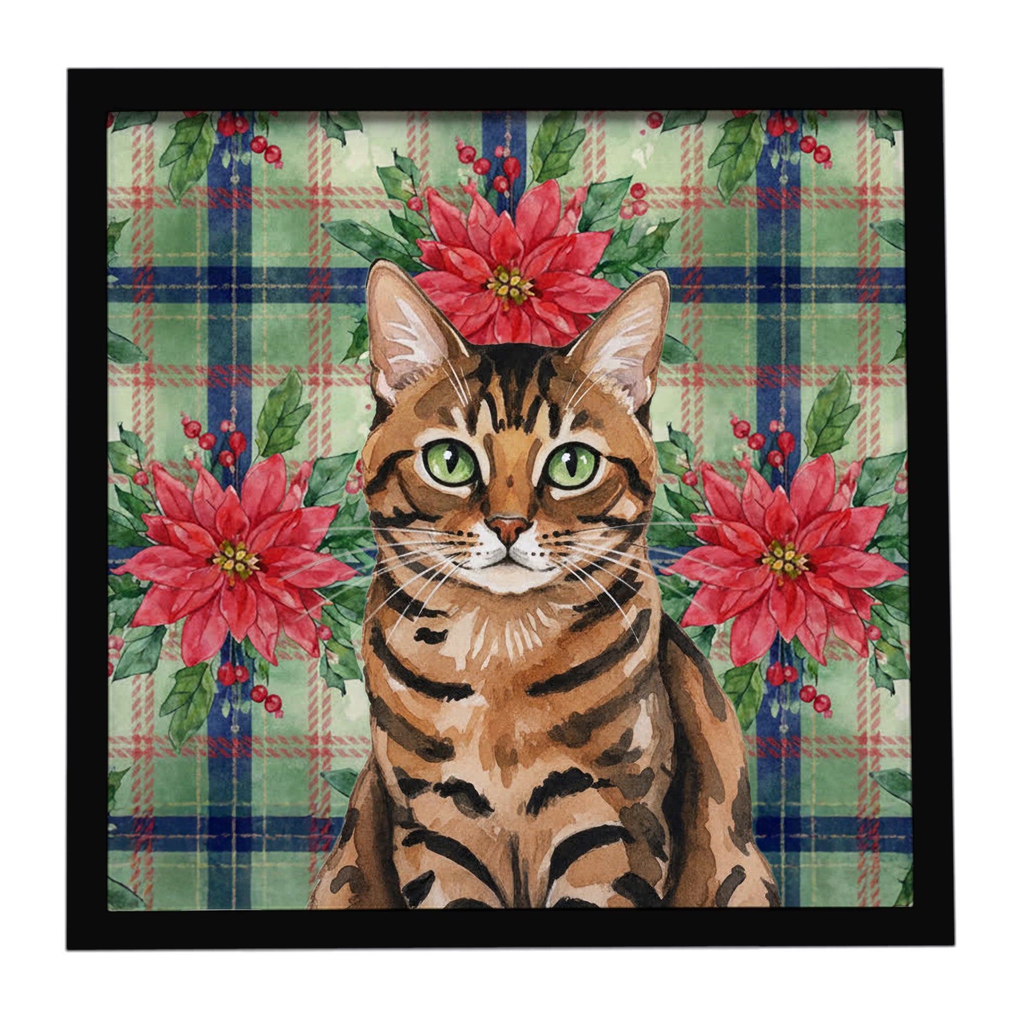 Spotted Tabby Brown Cat with Poinsettias Framed Metal Print Bathroom, Kitchen, Office, Home Decor Wall Art Ready to Hang, Square, 8X8
