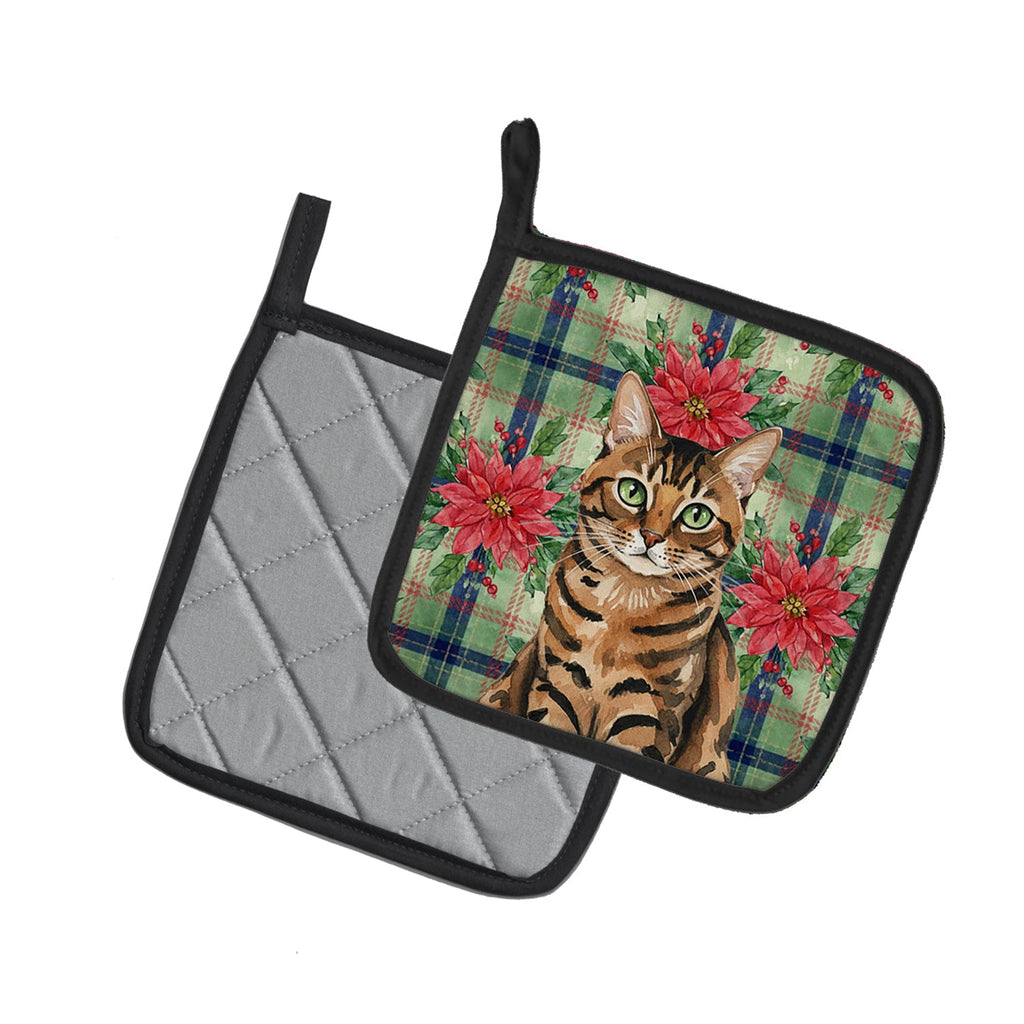Spotted Tabby Brown Cat with Poinsettias Pot Holder Set of 2 Heat Resistant Quilted Hot Pads 7.5 x 7.5 Inch, Insulated Kitchen Trivets for Cooking & Baking