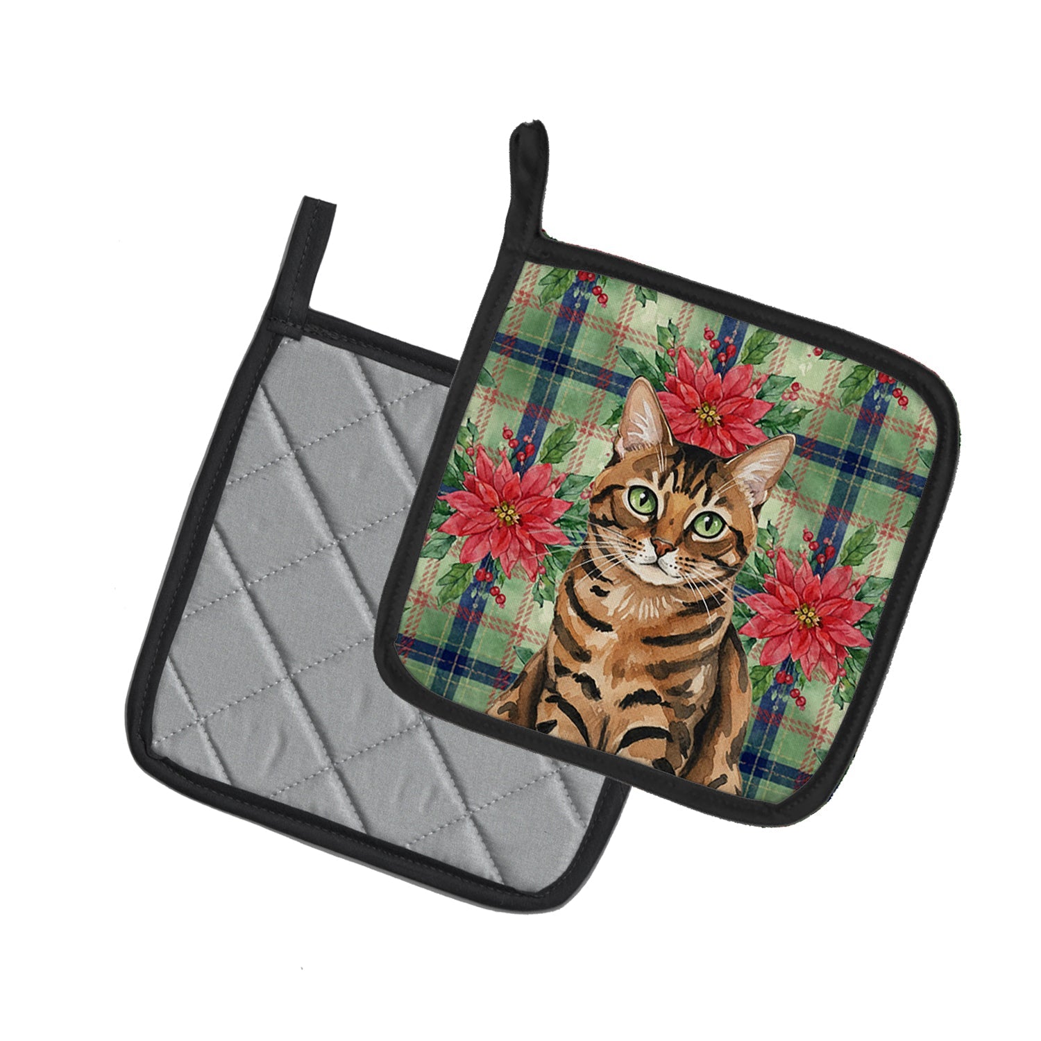 Spotted Tabby Brown Cat with Poinsettias Pot Holder Set of 2 Heat Resistant Quilted Hot Pads 7.5 x 7.5 Inch, Insulated Kitchen Trivets for Cooking & Baking