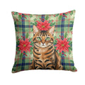 Spotted Tabby Brown Cat with Poinsettias Decorative Throw Pillow 14x14 Indoor Outdoor Accent Cushion, Fabric Cover with Insert for Sofa, Bed, Porch & Living Room