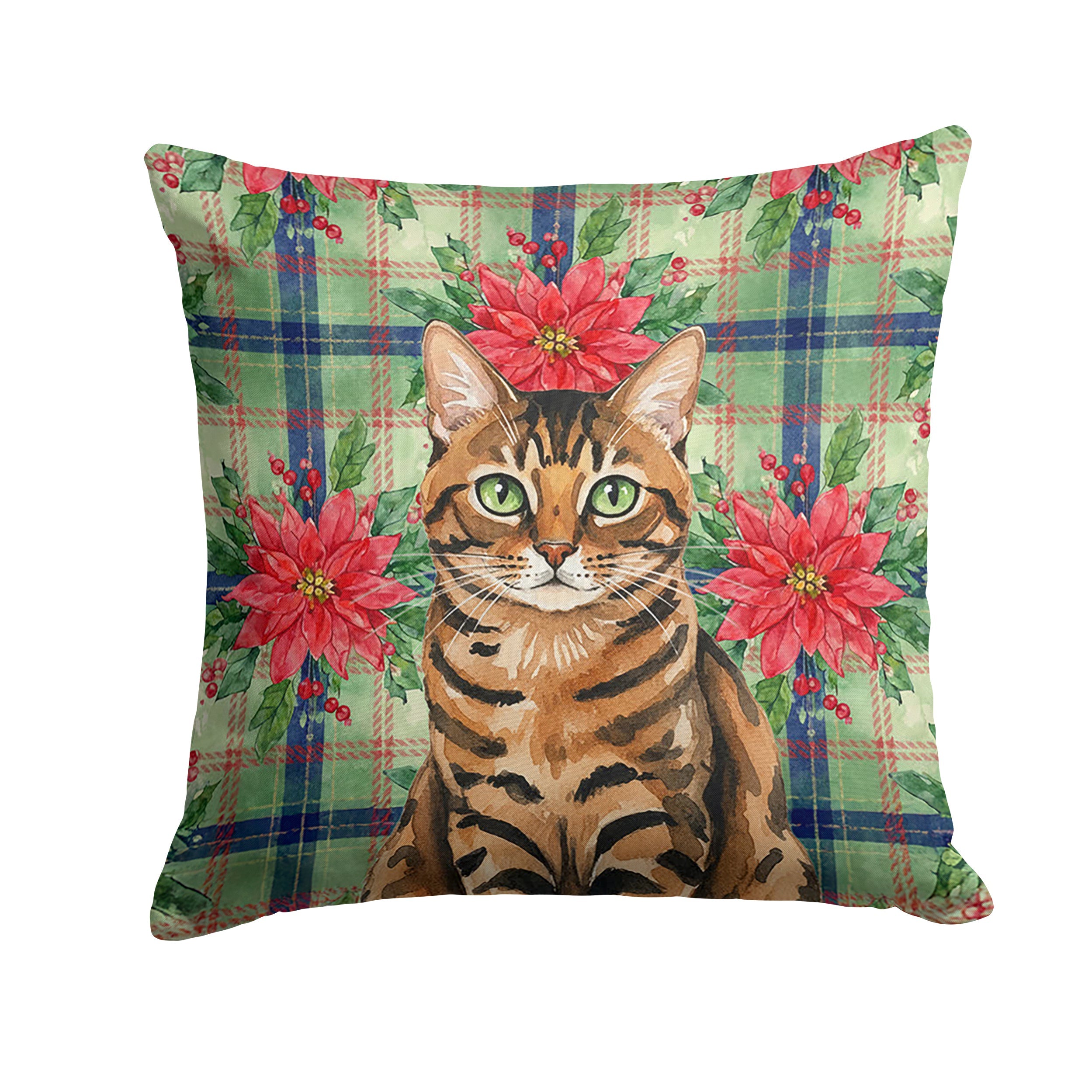 Spotted Tabby Brown Cat with Poinsettias Decorative Throw Pillow 14x14 Indoor Outdoor Accent Cushion, Fabric Cover with Insert for Sofa, Bed, Porch & Living Room
