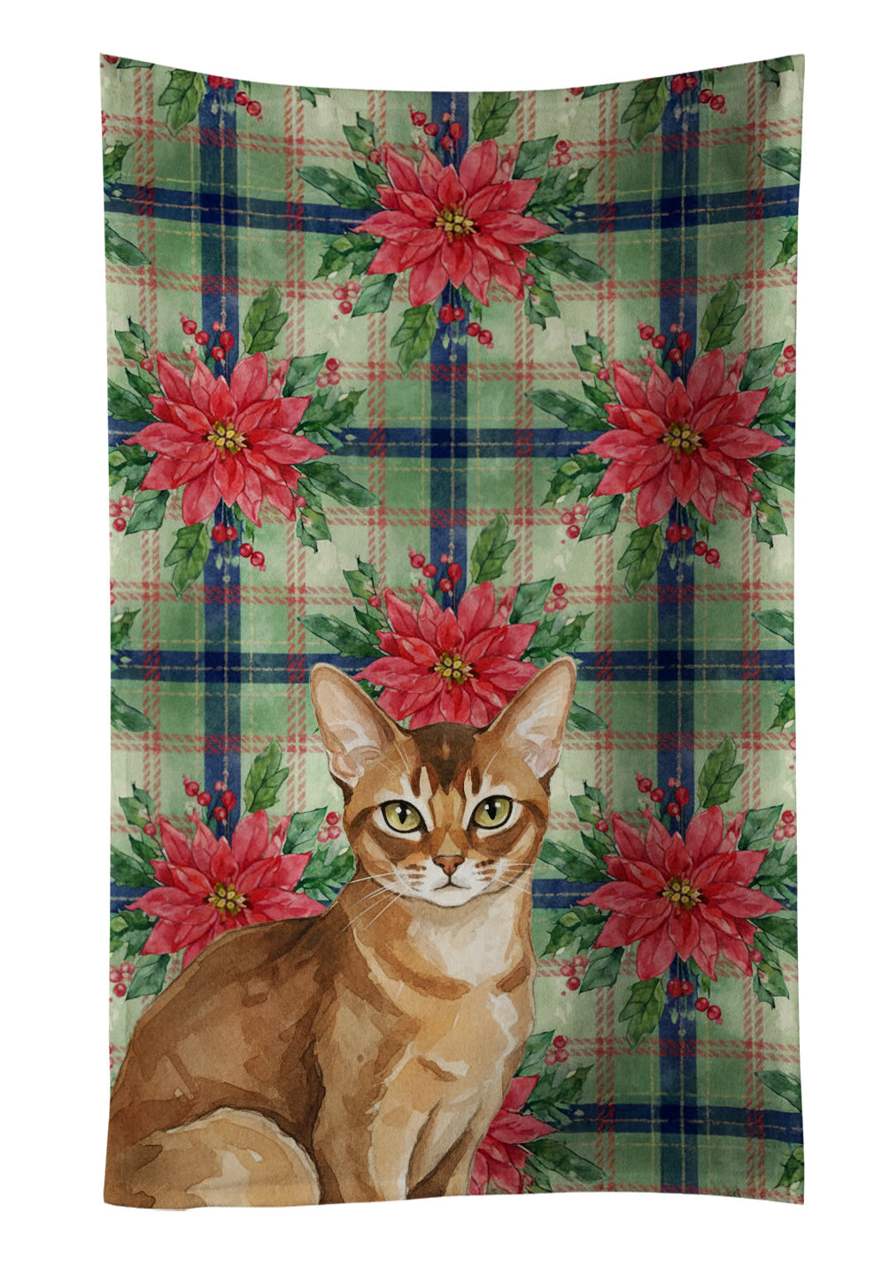 Ticked Tabby Brown Cat with Poinsettias Kitchen Towel Velour Plush Front and Cotton Loop Back Machine Washable
