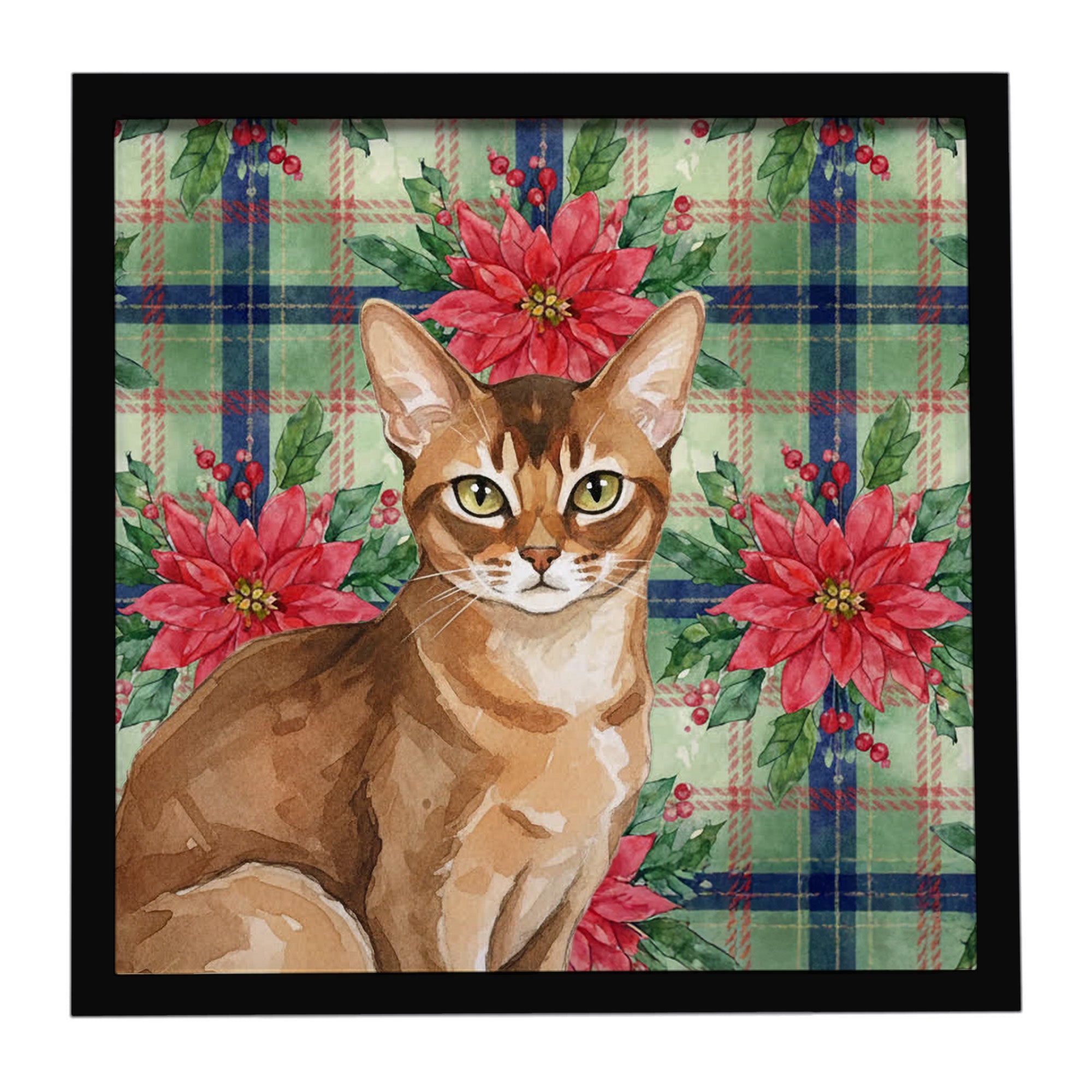 Ticked Tabby Brown Cat with Poinsettias Framed Metal Print Bathroom, Kitchen, Office, Home Decor Wall Art Ready to Hang, Square, 8X8