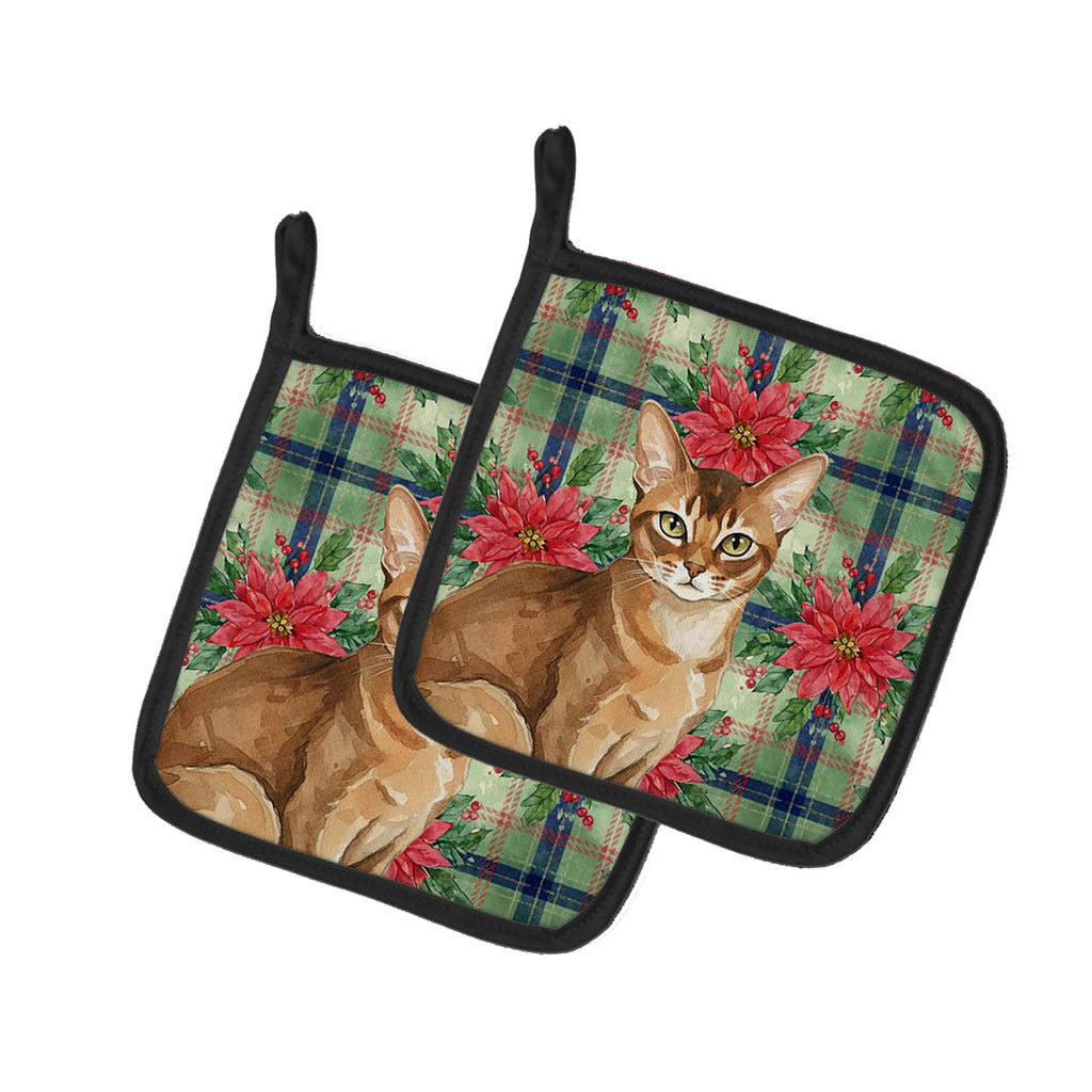 Ticked Tabby Brown Cat with Poinsettias Pot Holder Set of 2 Heat Resistant Quilted Hot Pads 7.5 x 7.5 Inch, Insulated Kitchen Trivets for Cooking & Baking