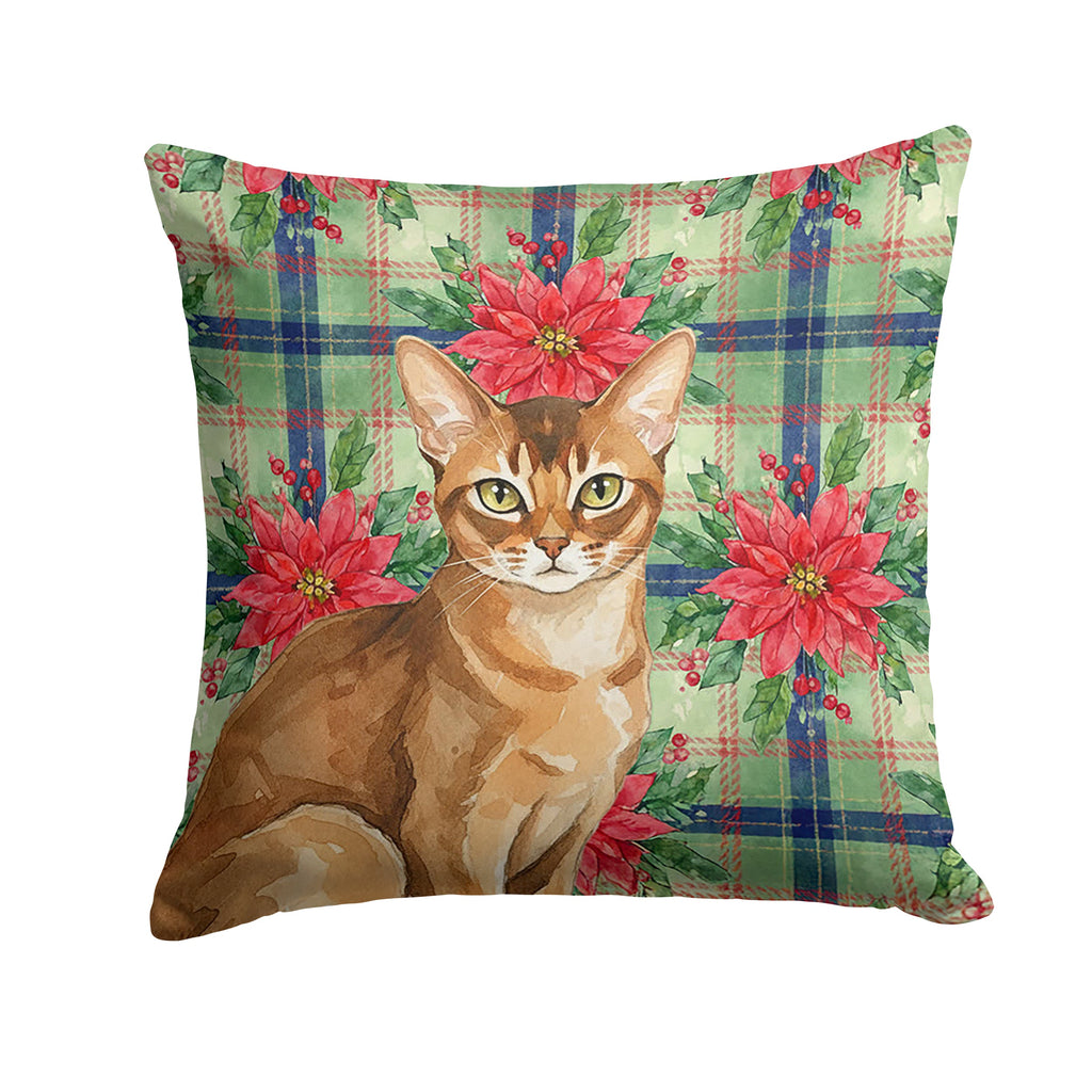 Ticked Tabby Brown Cat with Poinsettias Decorative Throw Pillow 14x14 Indoor Outdoor Accent Cushion, Fabric Cover with Insert for Sofa, Bed, Porch & Living Room