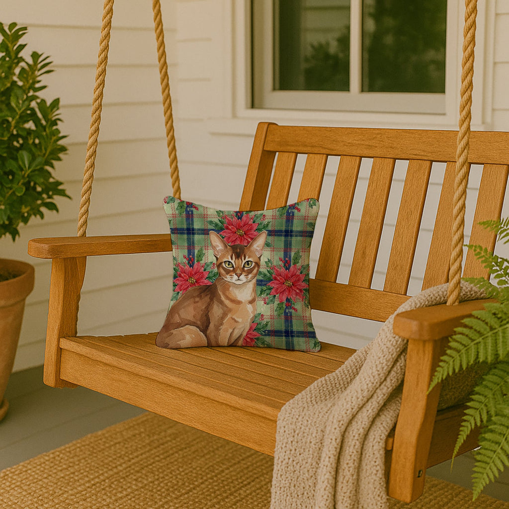 Ticked Tabby Brown Cat with Poinsettias Decorative Throw Pillow 14x14 Indoor Outdoor Accent Cushion, Fabric Cover with Insert for Sofa, Bed, Porch & Living Room