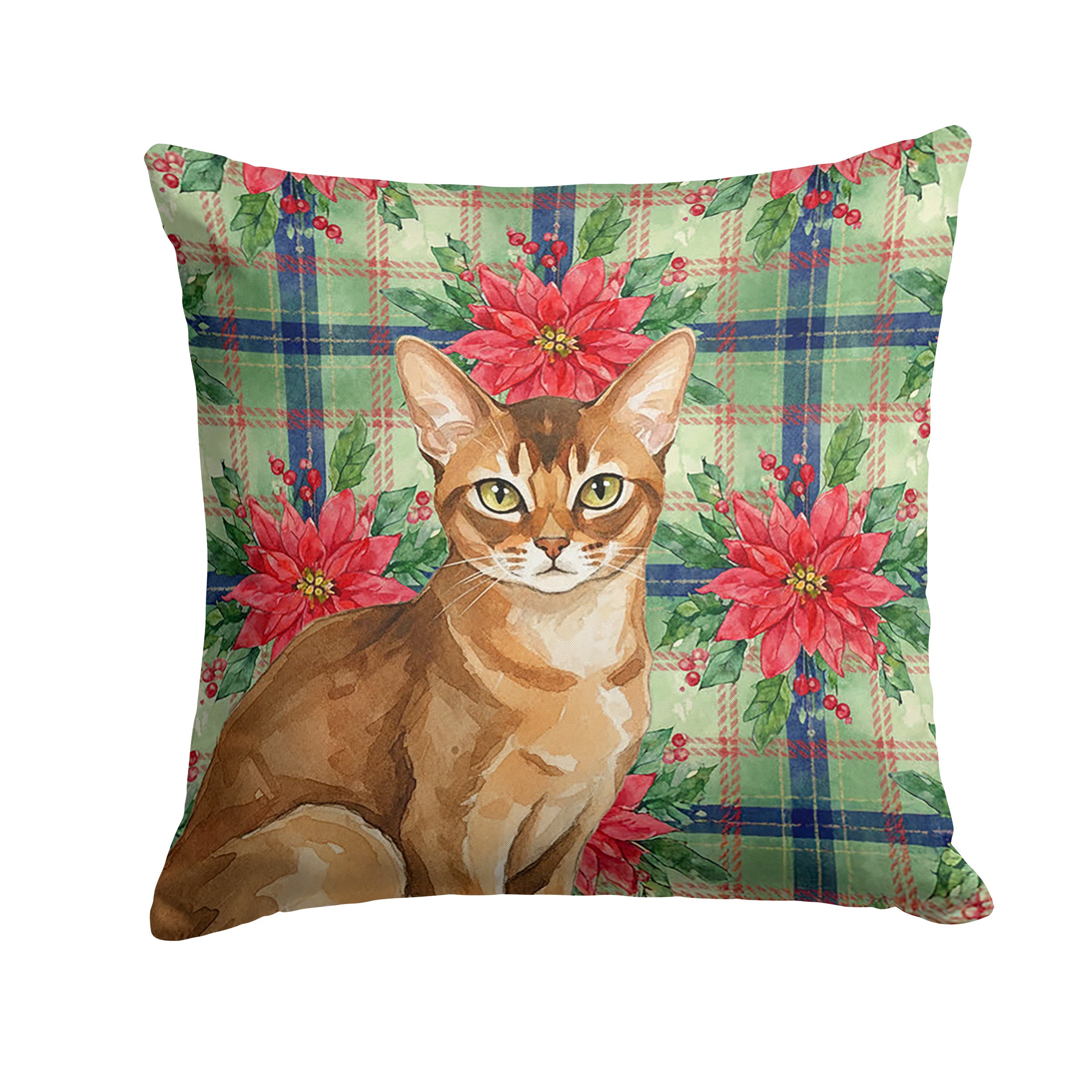 Ticked Tabby Brown Cat with Poinsettias Decorative Throw Pillow 18x18 Indoor Outdoor Accent Cushion, Fabric Cover with Insert for Sofa, Bed, Porch & Living Room