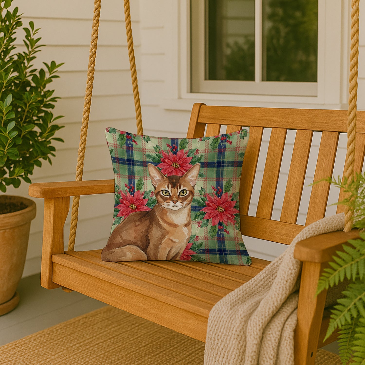 Ticked Tabby Brown Cat with Poinsettias Decorative Throw Pillow 18x18 Indoor Outdoor Accent Cushion, Fabric Cover with Insert for Sofa, Bed, Porch & Living Room
