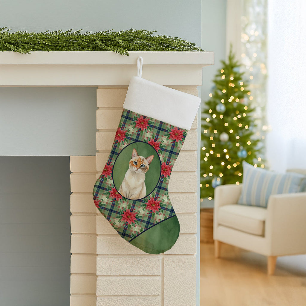 Tortie Point  Cat with Poinsettias Holiday Stocking Double-Sided Print, Polyester Suede,11x18, Made in USA