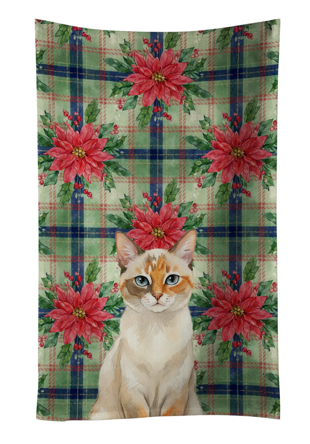 Tortie Point  Cat with Poinsettias Kitchen Towel Velour Plush Front and Cotton Loop Back Machine Washable