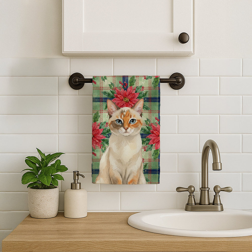 Tortie Point  Cat with Poinsettias Kitchen Towel Velour Plush Front and Cotton Loop Back Machine Washable