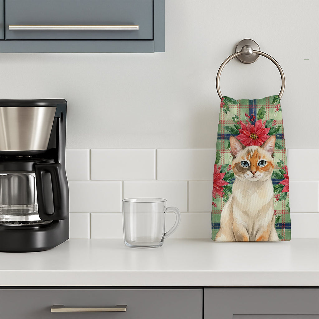 Tortie Point  Cat with Poinsettias Kitchen Towel Velour Plush Front and Cotton Loop Back Machine Washable